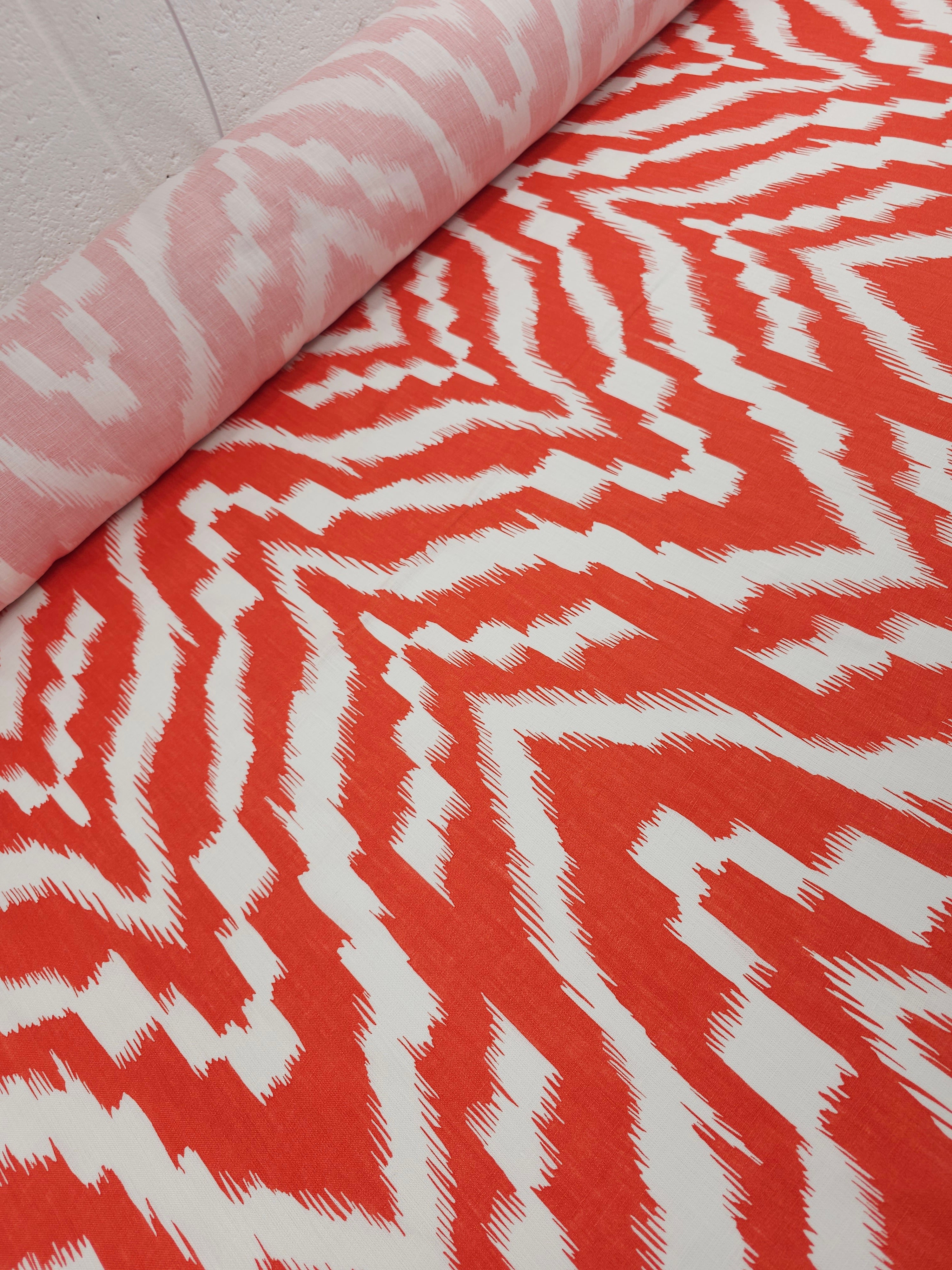 Orangey Red Abstract 100% Linen