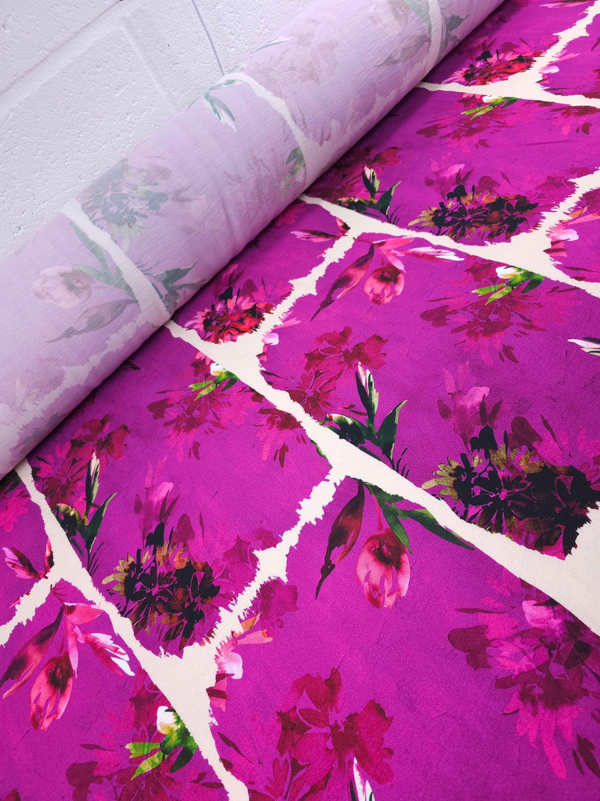 Magenta Purple Floral Block Viscose Twill *DEFECT*