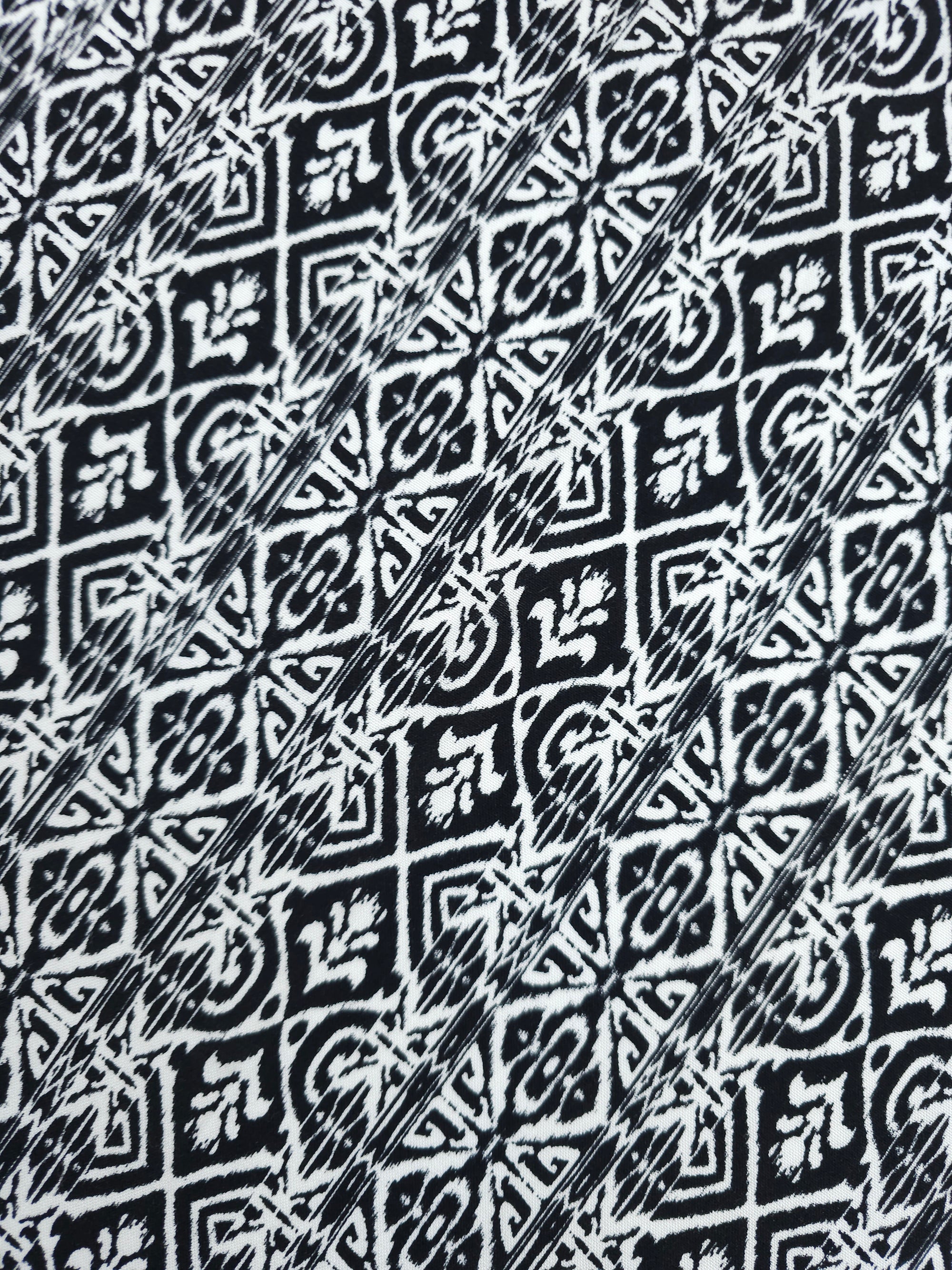 Black/White Static Damask Stripe Viscose Challis