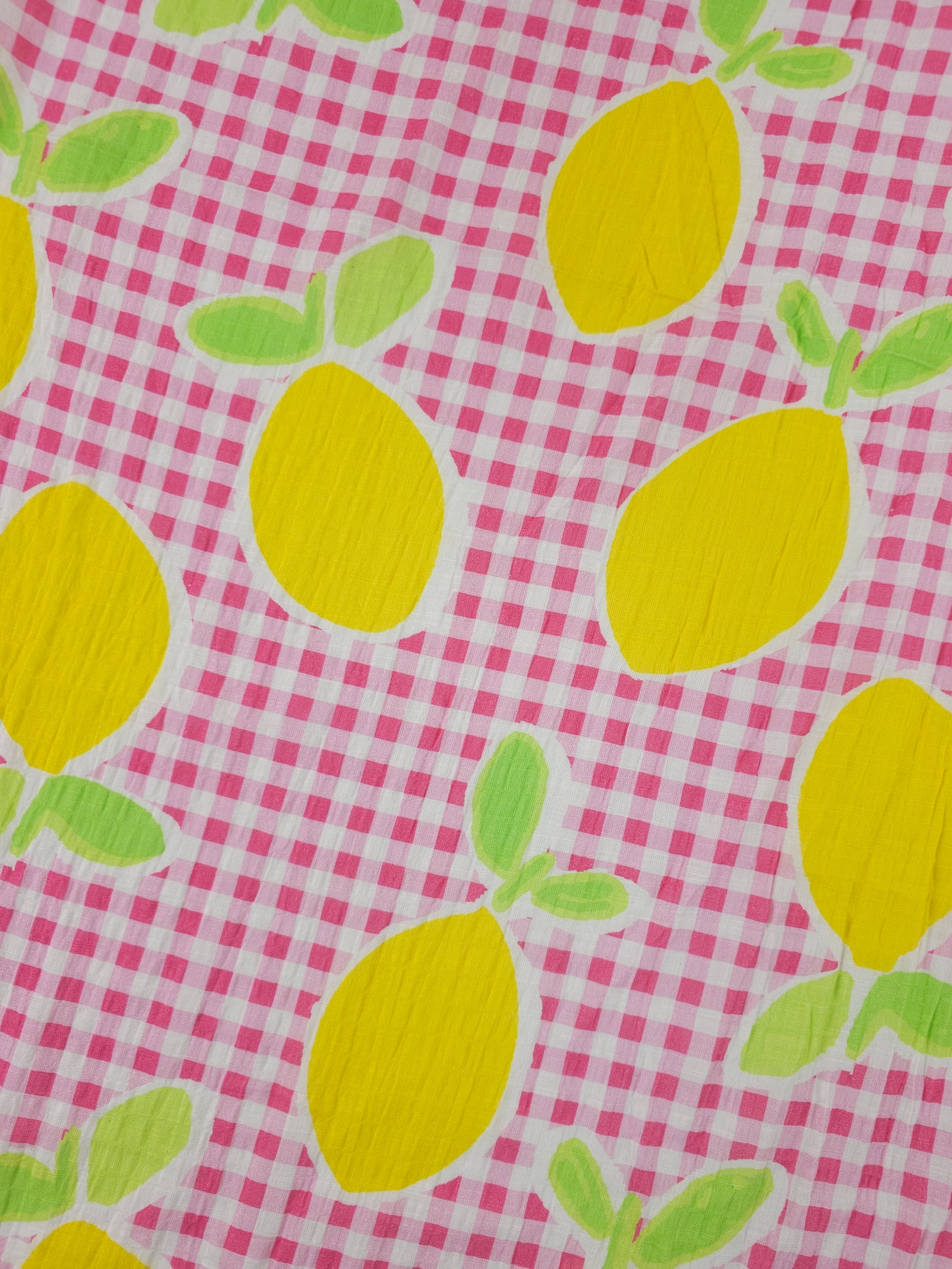 Pink Big Lemon Gingham Cotton Flax