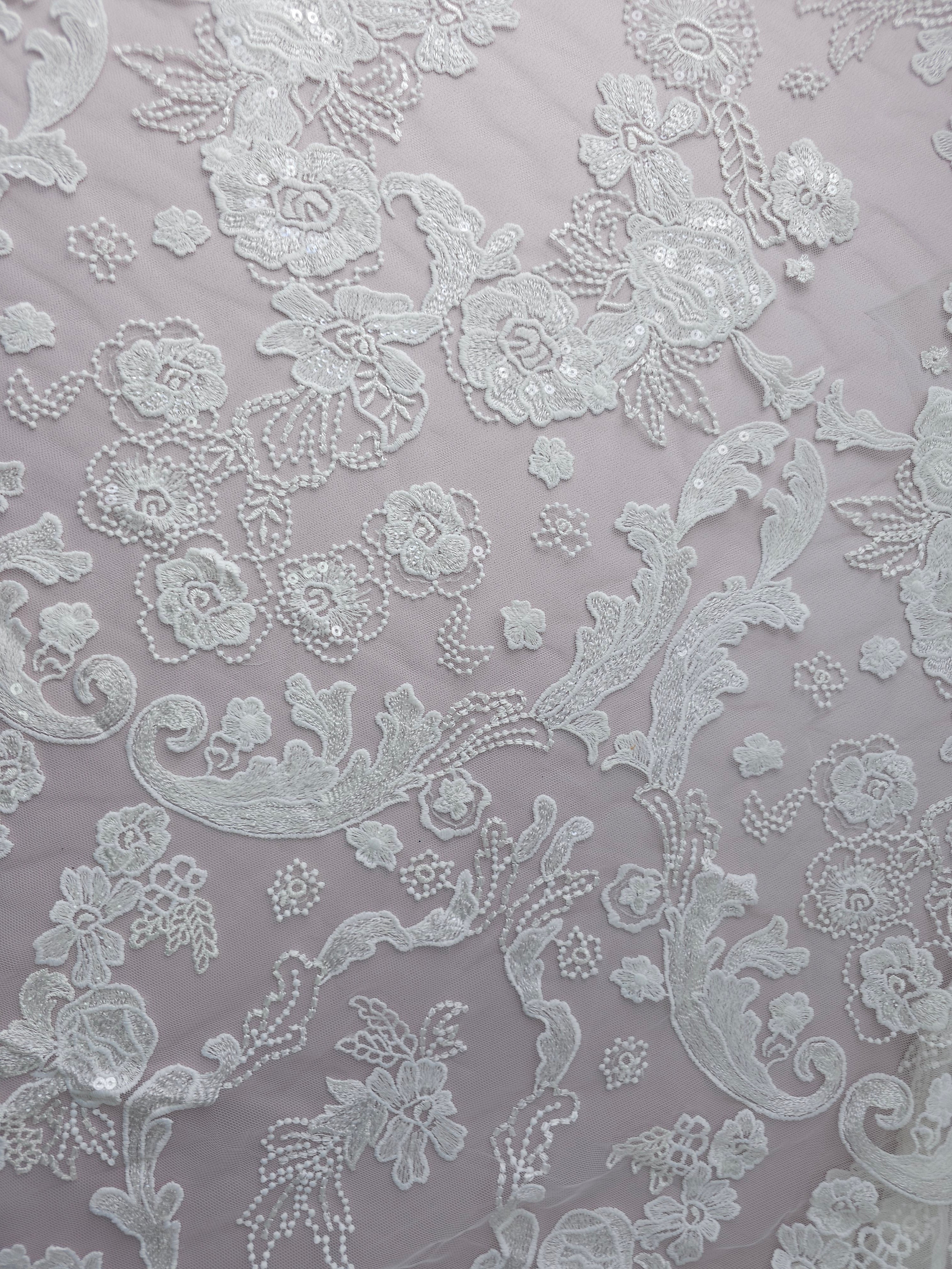 *Laura* White Embroidered Sequin Floral Lace