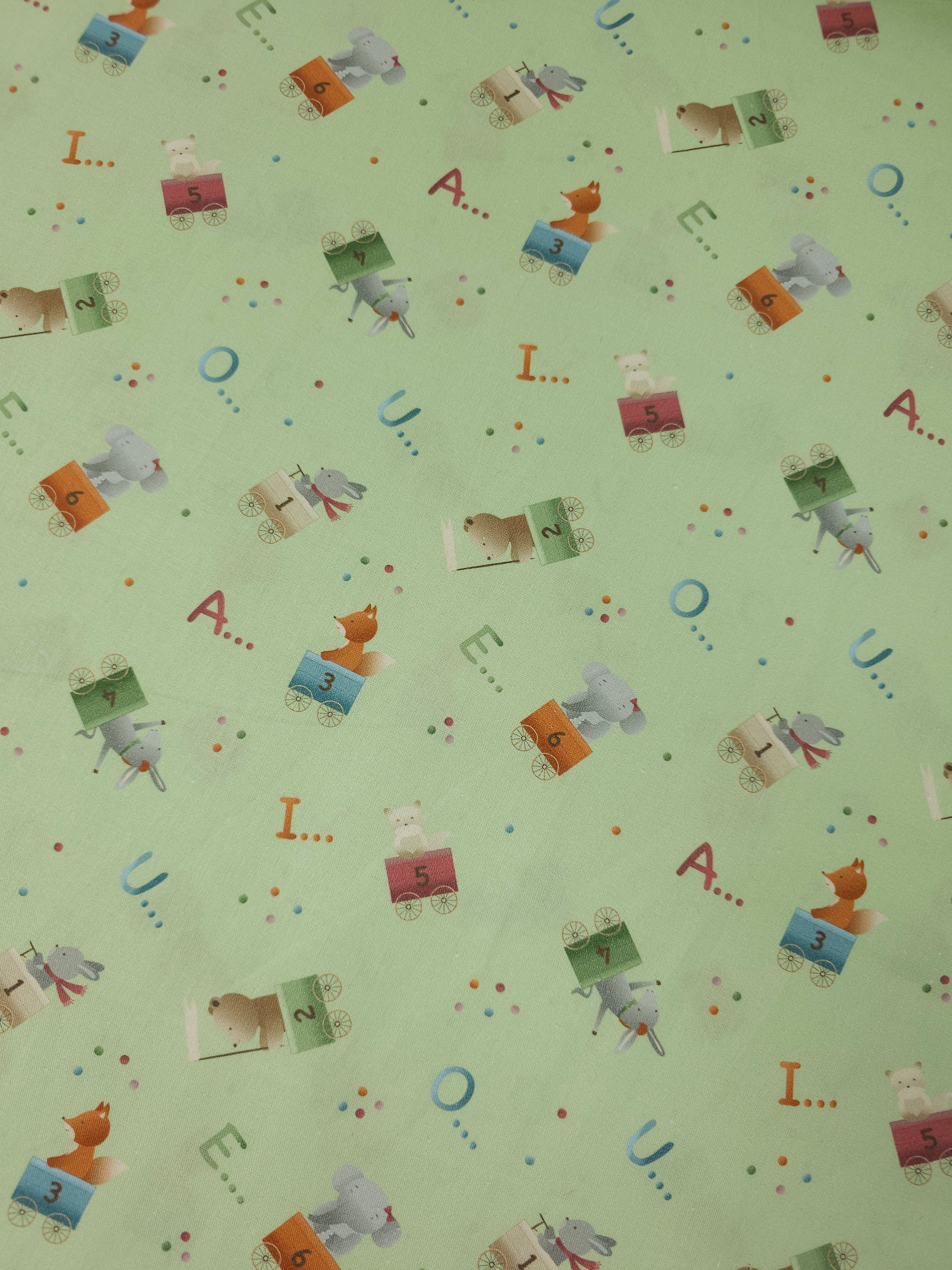 Pastel Green Novelty Alphabet 100% Cotton 57"