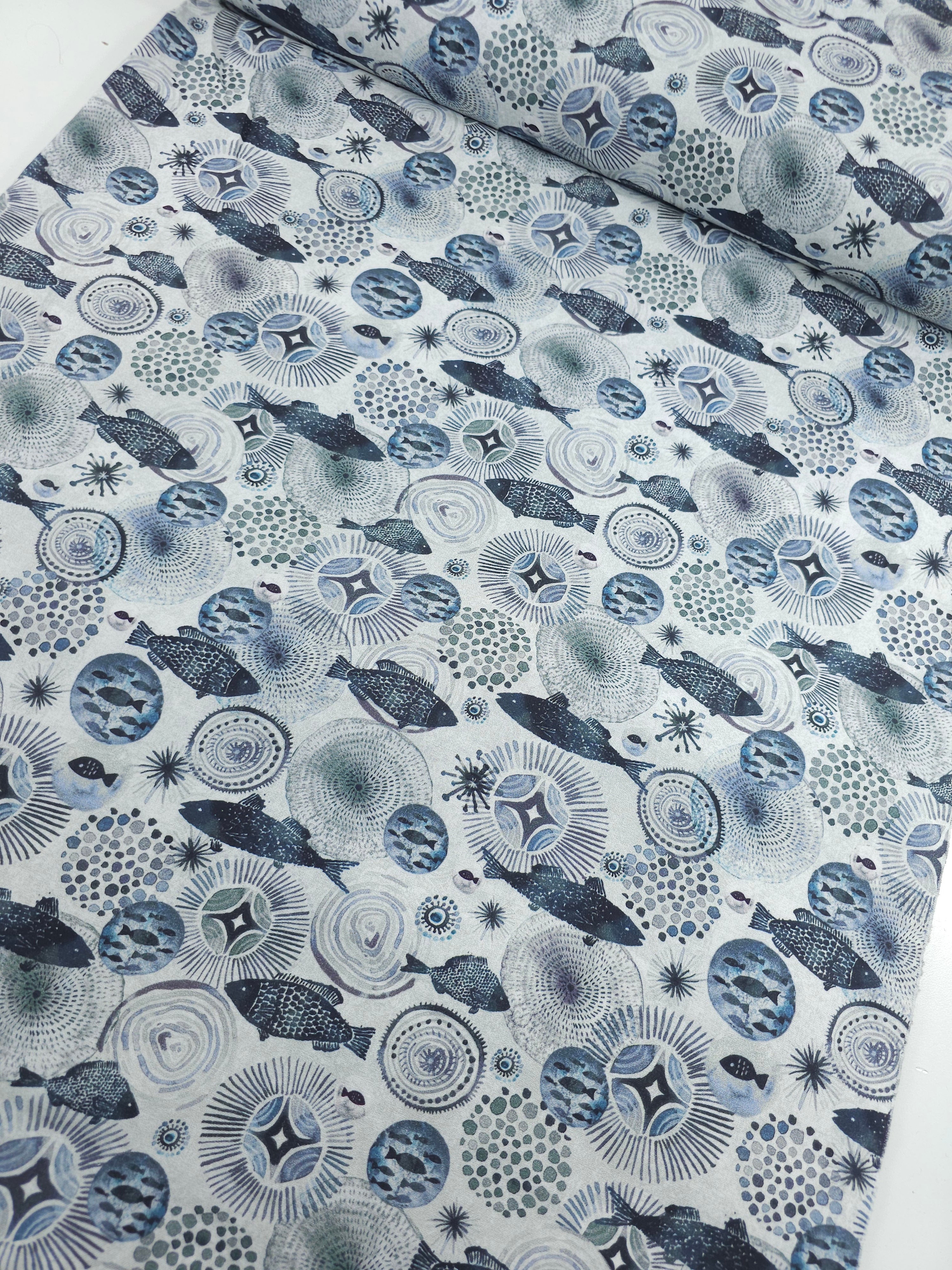 Bluey Grey Abstract Fish Spirals 100% Cotton