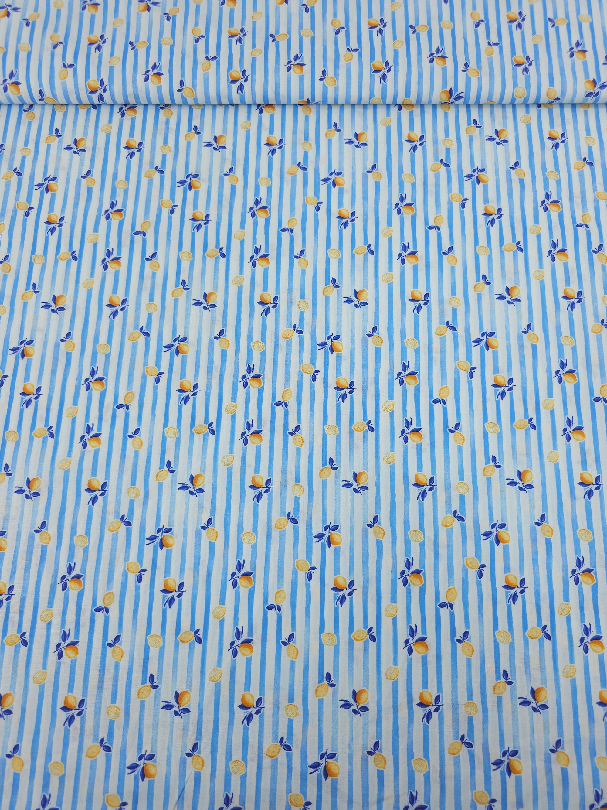 Blue Mini Ditsy Lemon Stripe Lightweight Cotton 60"