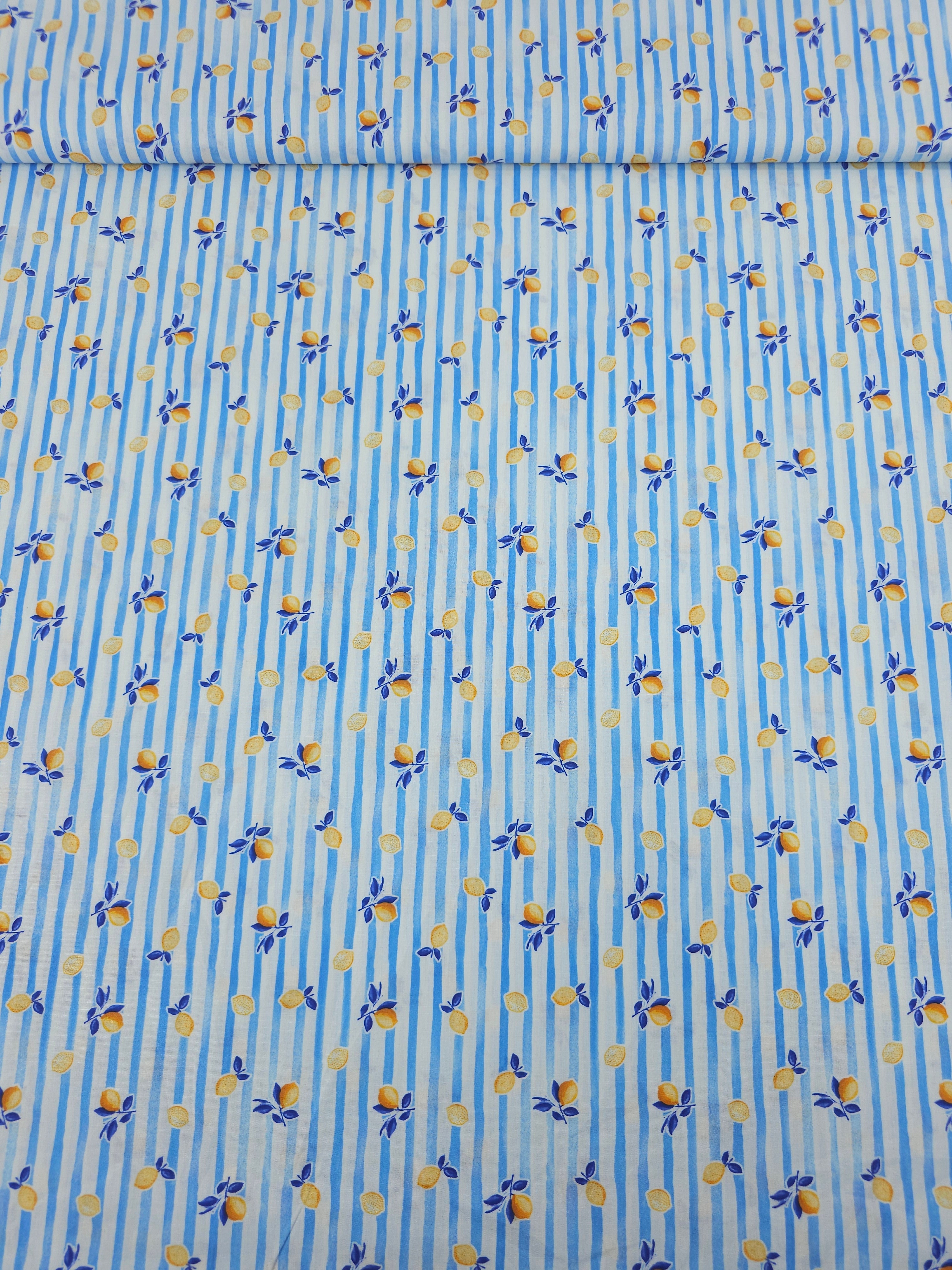 Blue Mini Ditsy Lemon Stripe Lightweight Cotton 60"