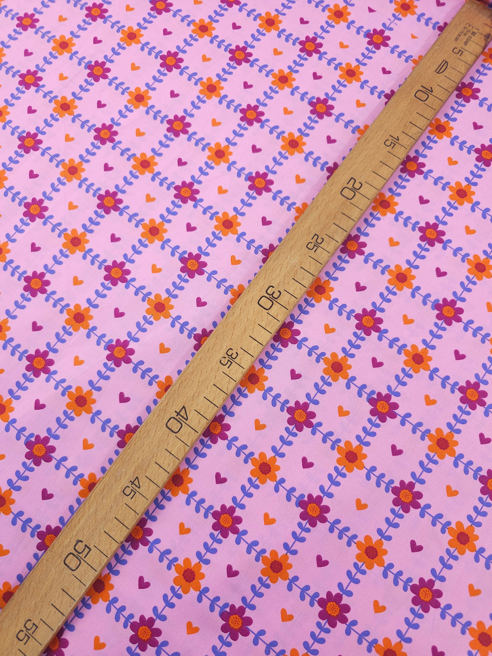 Pink Floral Grid Hearts Lightweight Cotton 57"
