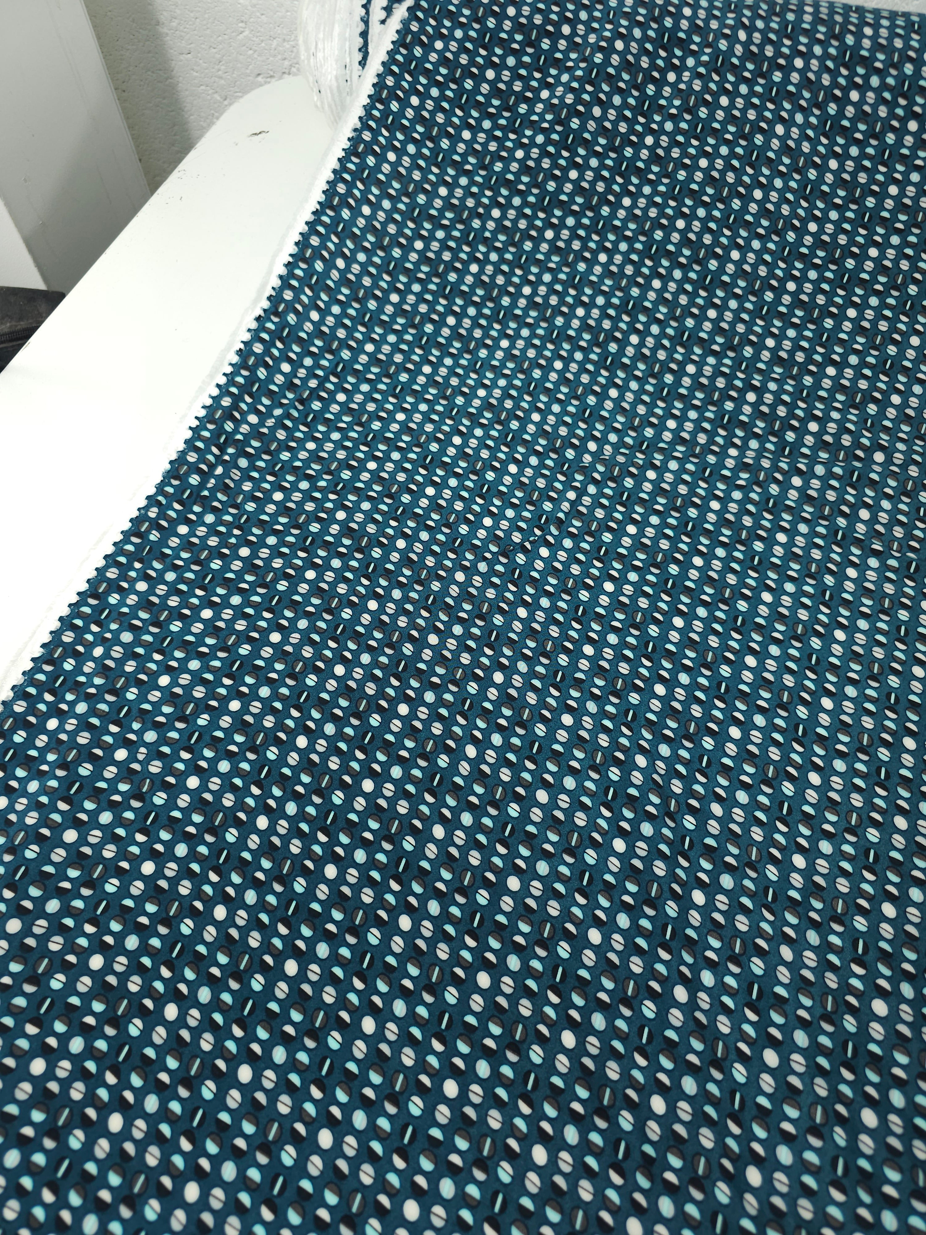Teal Geometric Mini Circles Satin Backed Viscose Crepe