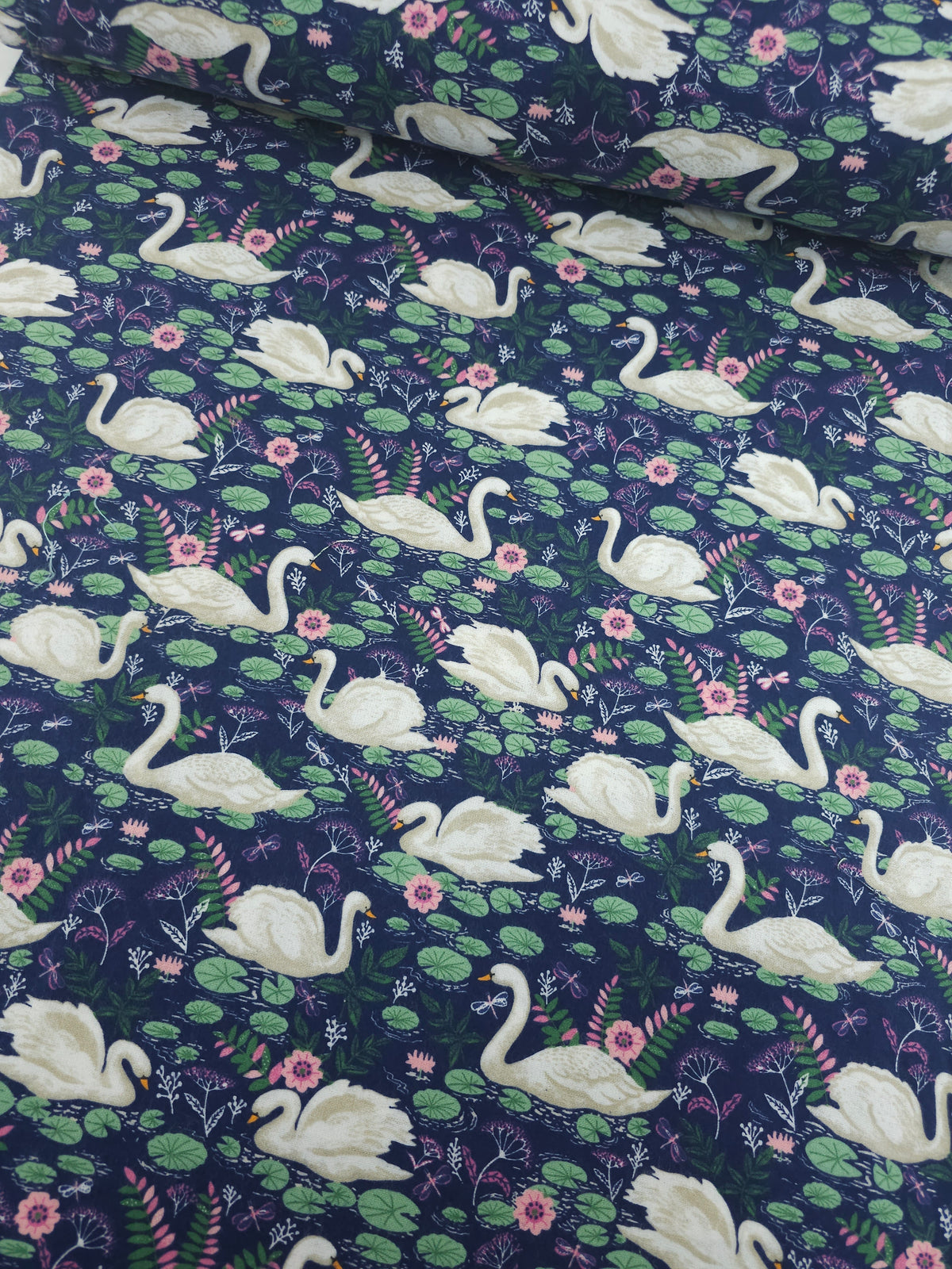 Navy Curious Swans Lightweight Flannel Cotton - Joann