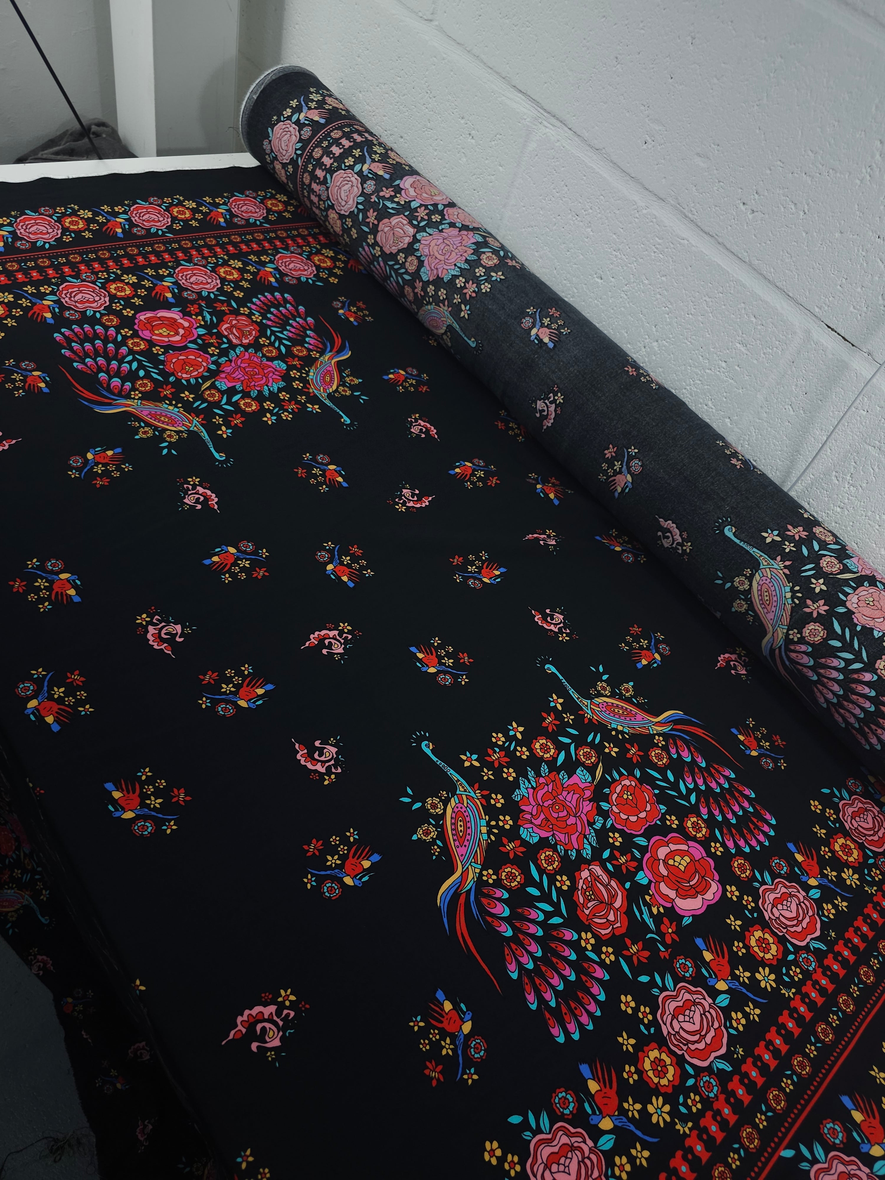 Peacock Border Floral Viscose Challis
