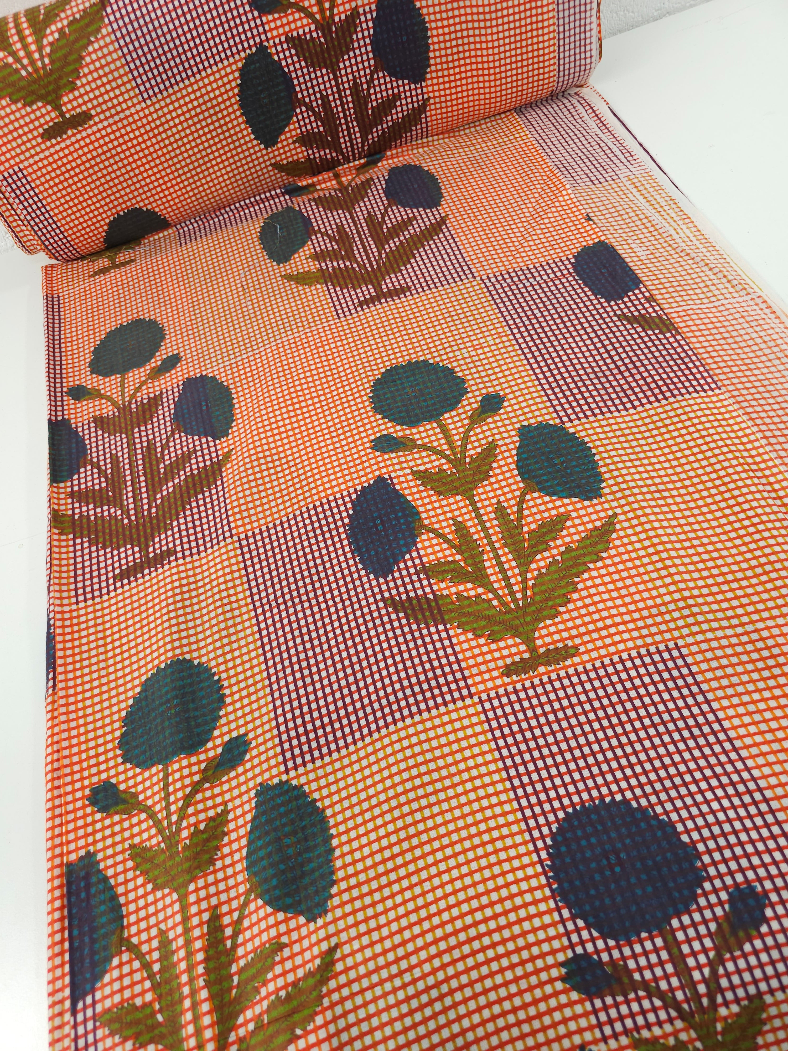 Orange/Wine Gingham Puff Flower Stem Cambric Cotton