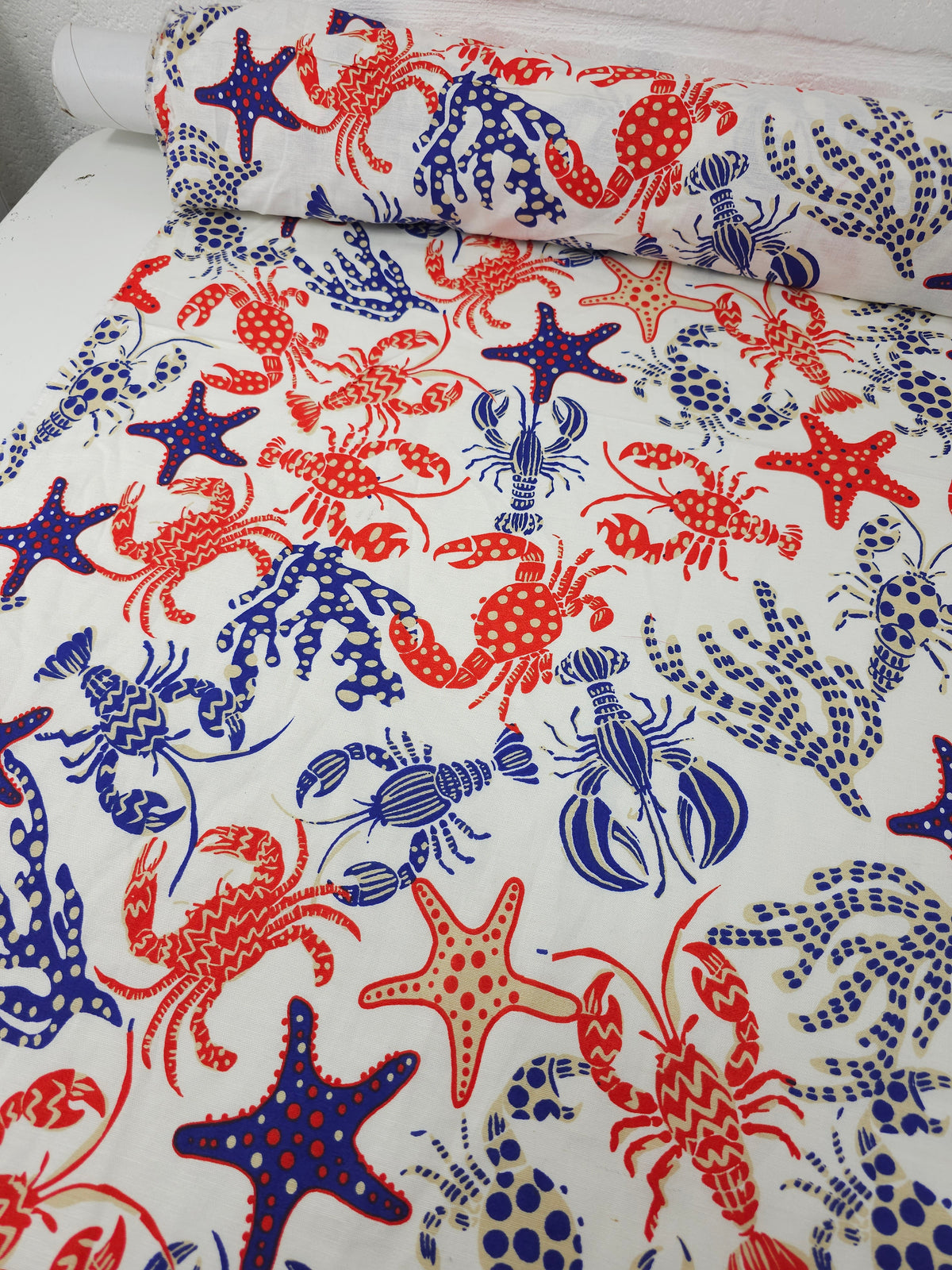 Red/Blue Sea Life Flax Cotton - The Salty Mermaid