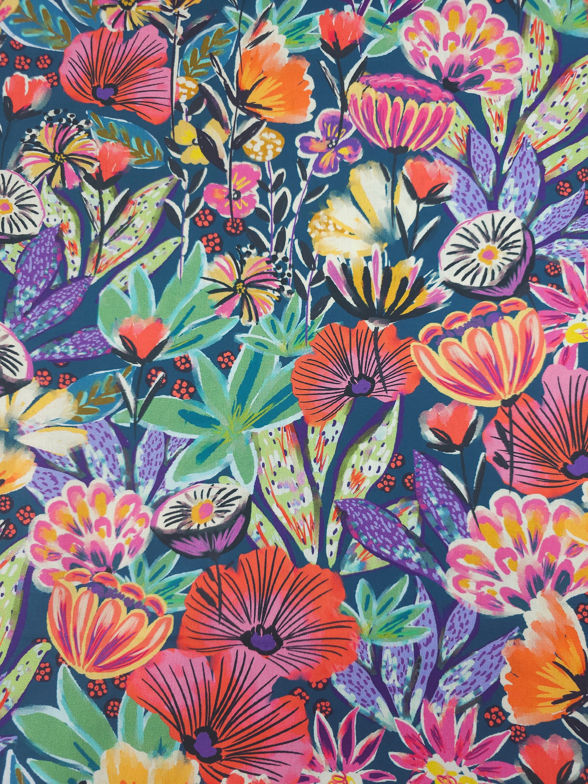 Petrol Blue Exotic Floral Carnival 100% Cotton 57"