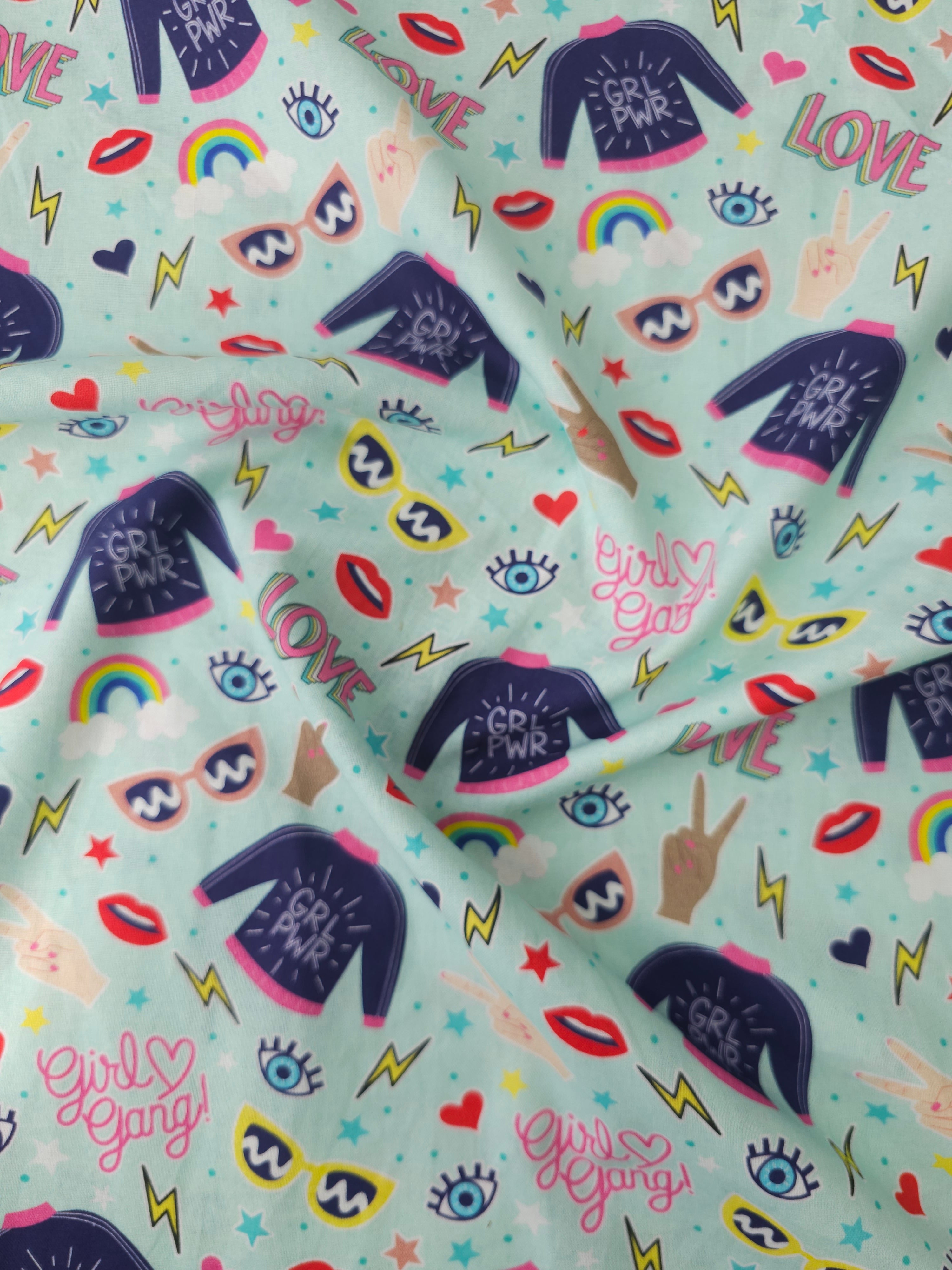 Minty Blue Girl Power 100% Cotton