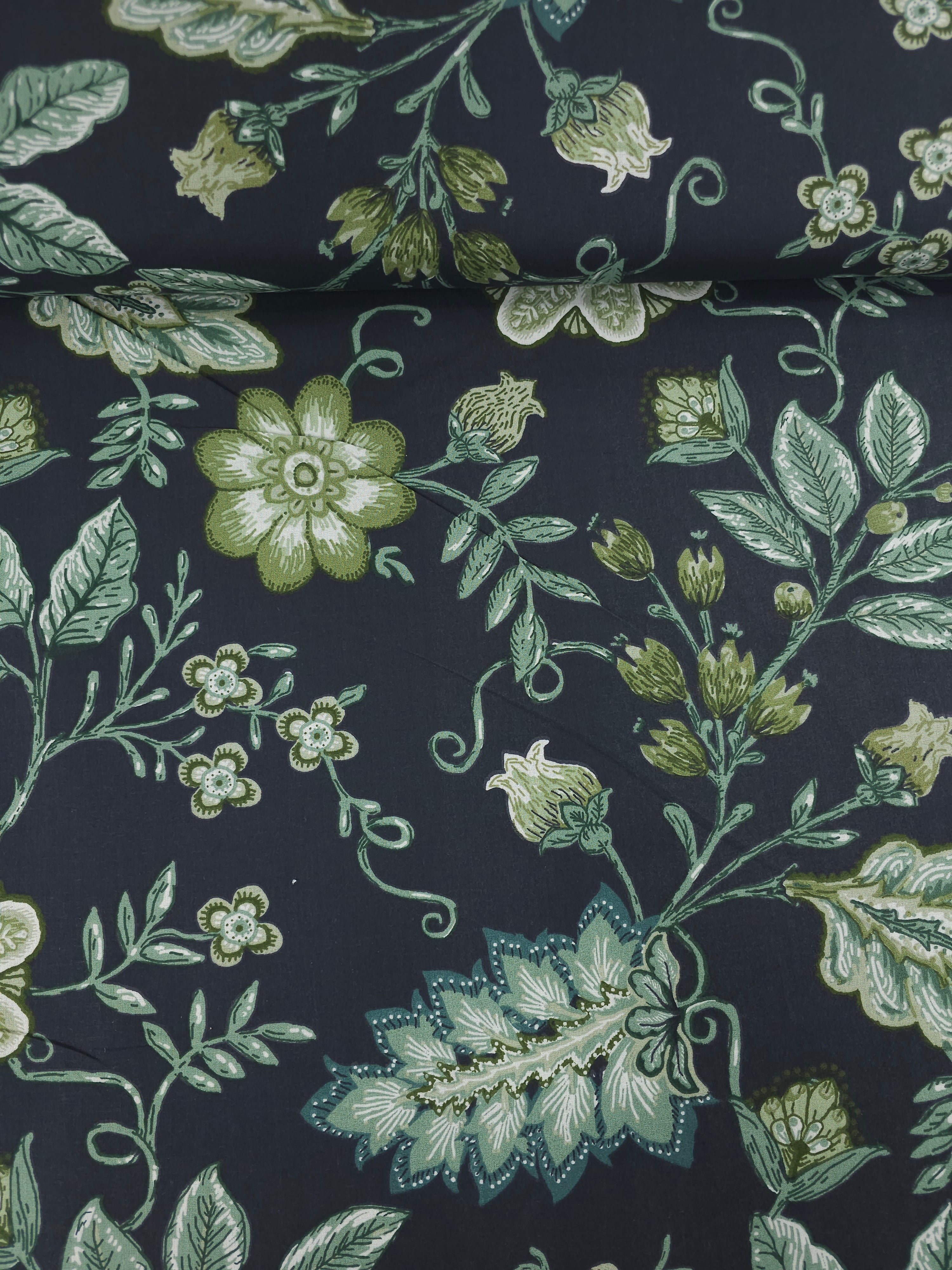 Sage/Black Floral Leaf 100% Cotton 90"