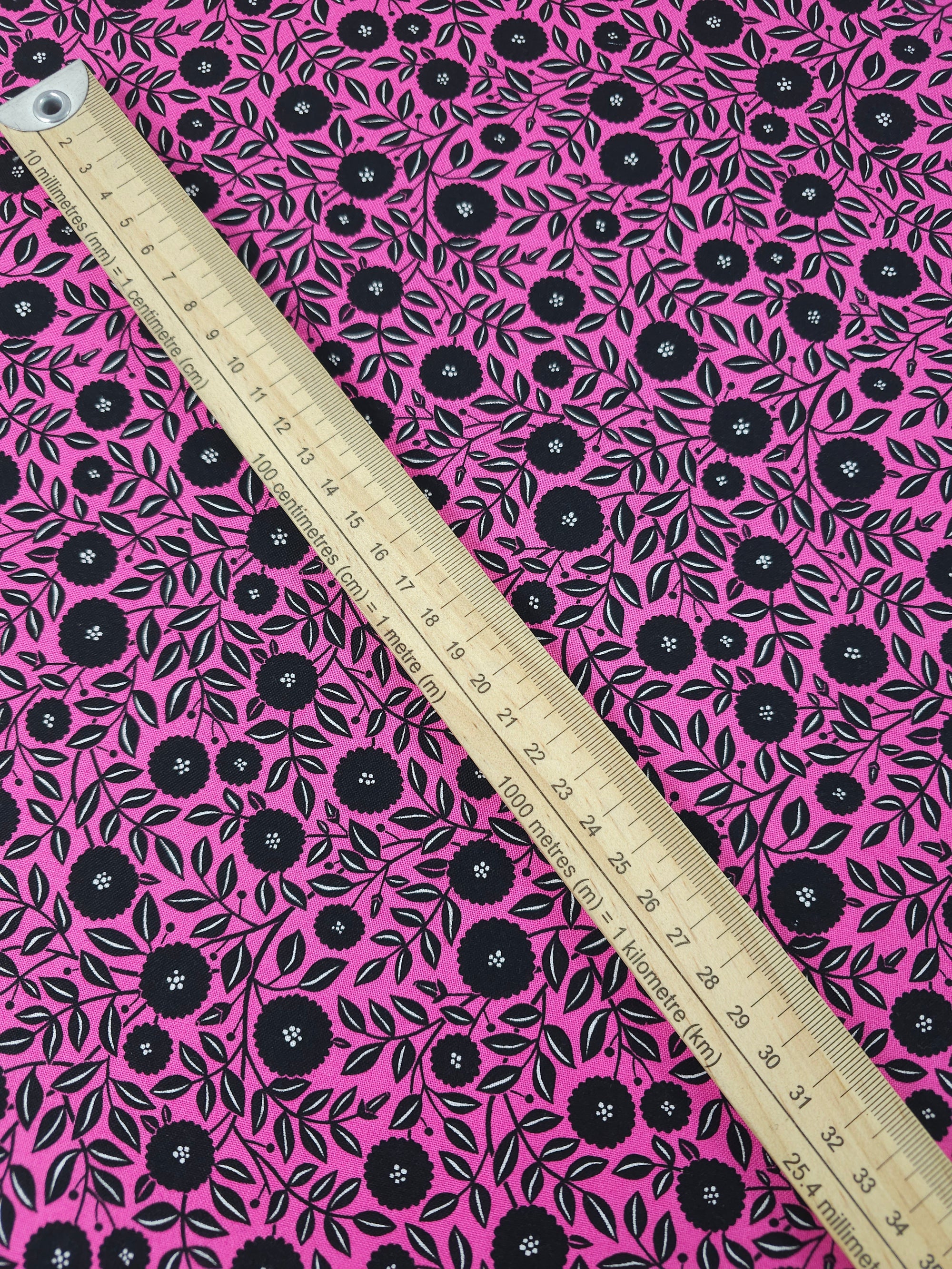 Fuchsia Pink/Black Puff Floral 100% Cotton