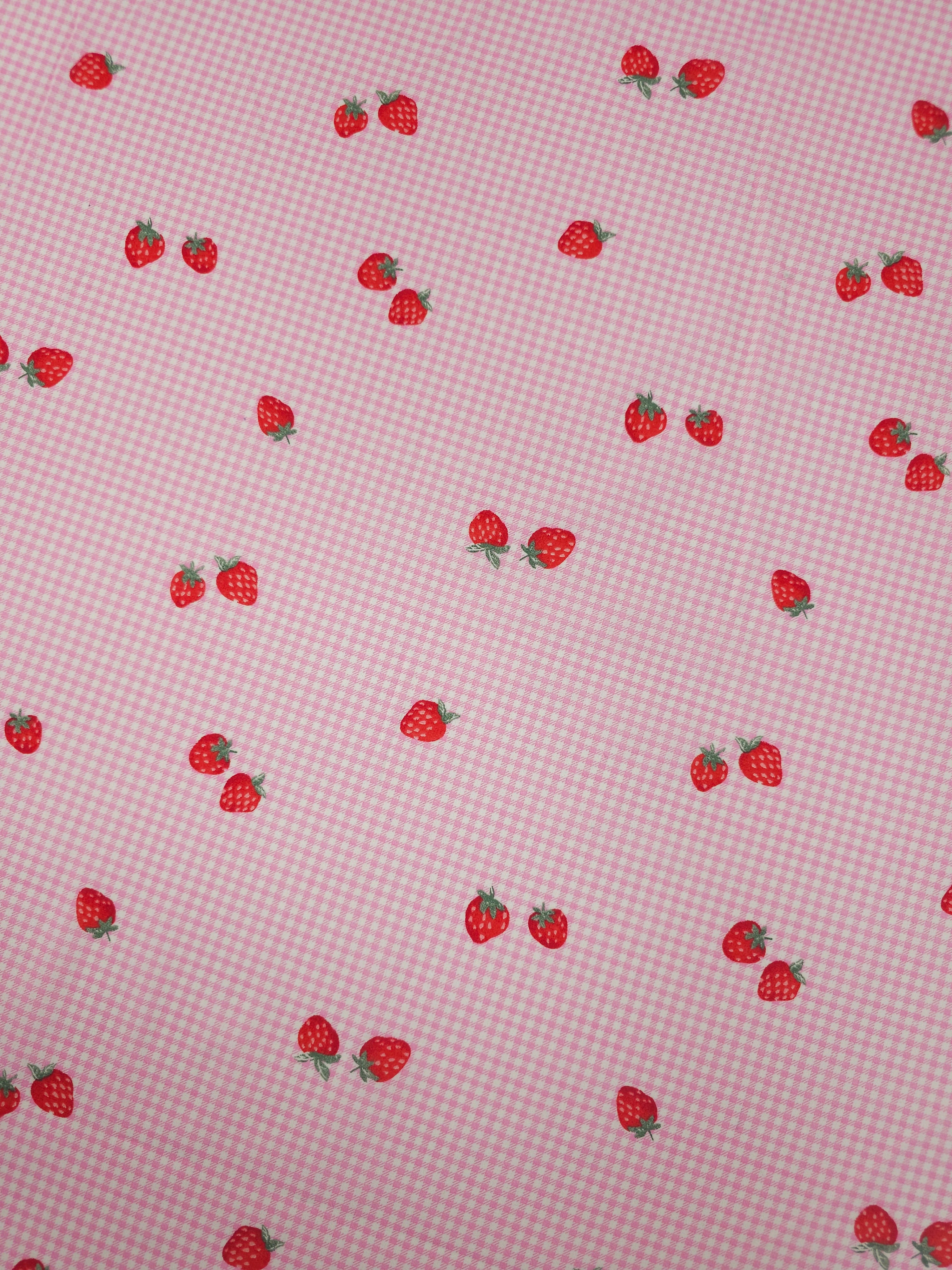 Pink Gingham Floating Strawberry Lightweight Cotton