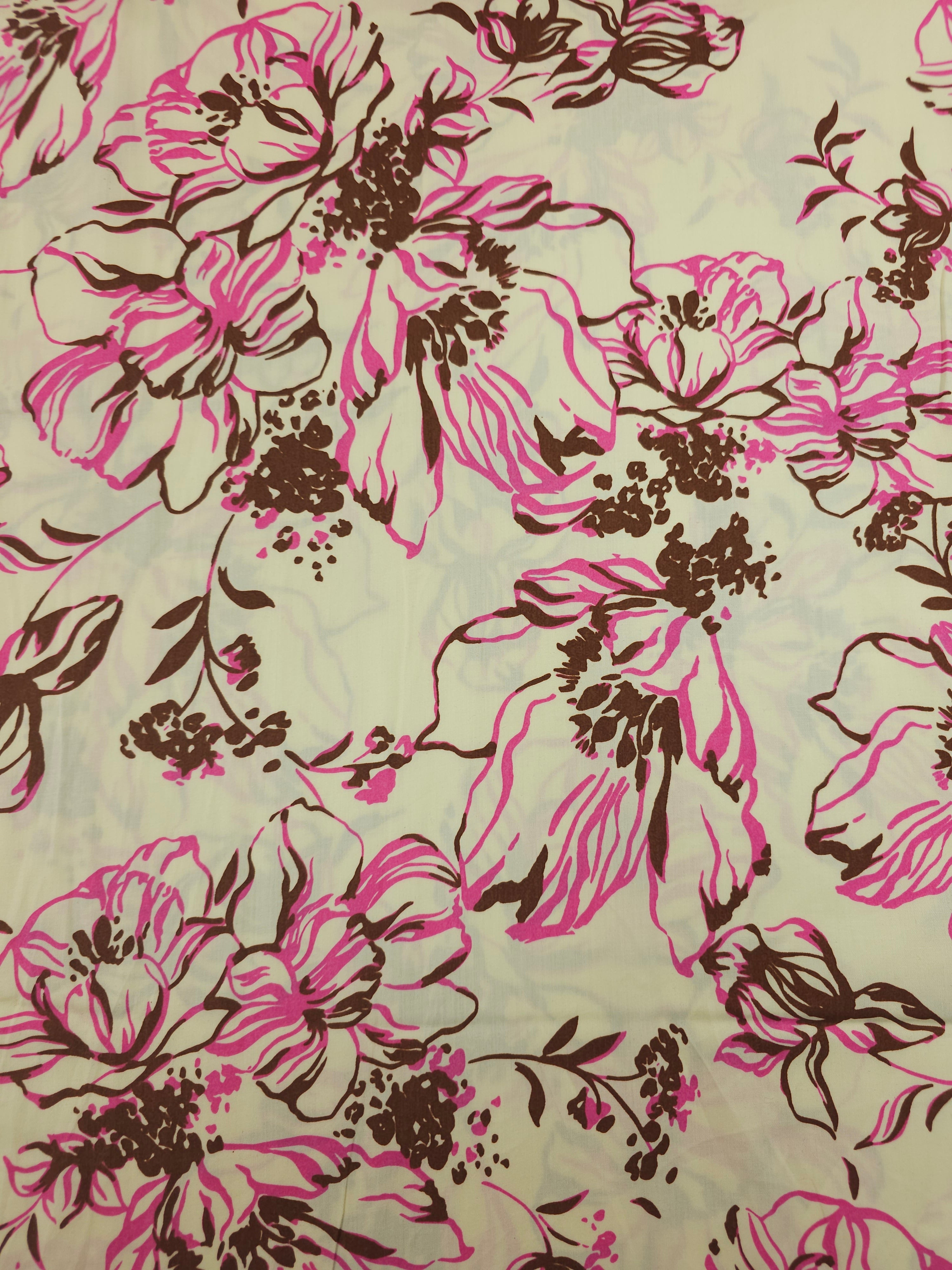 Pink/Brown On Creamy Yellow Sketch Wildflower Cotton Satin 60"
