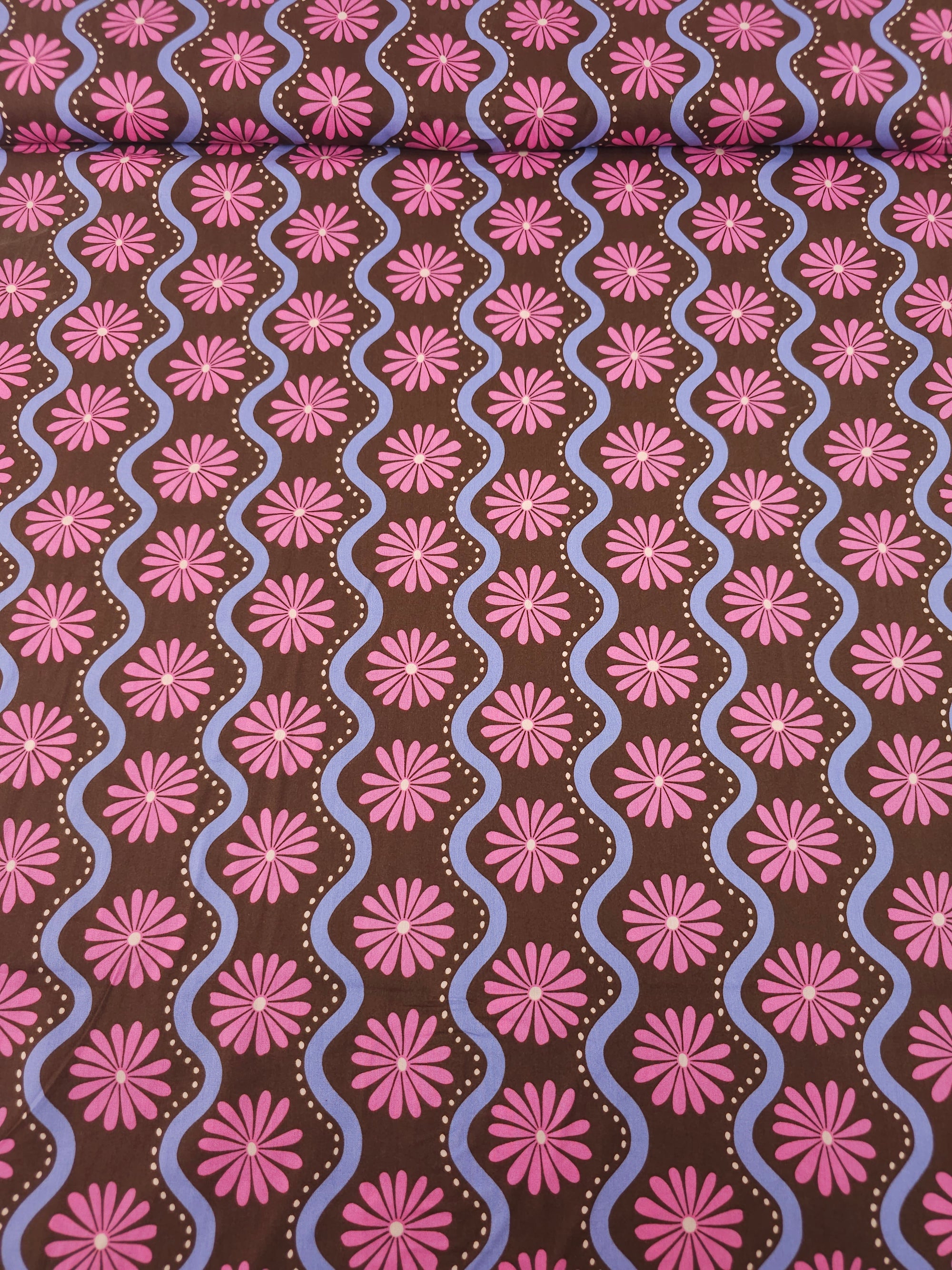 Pink/Lavender Wavy Floral Stripe Cotton Viscose 57"