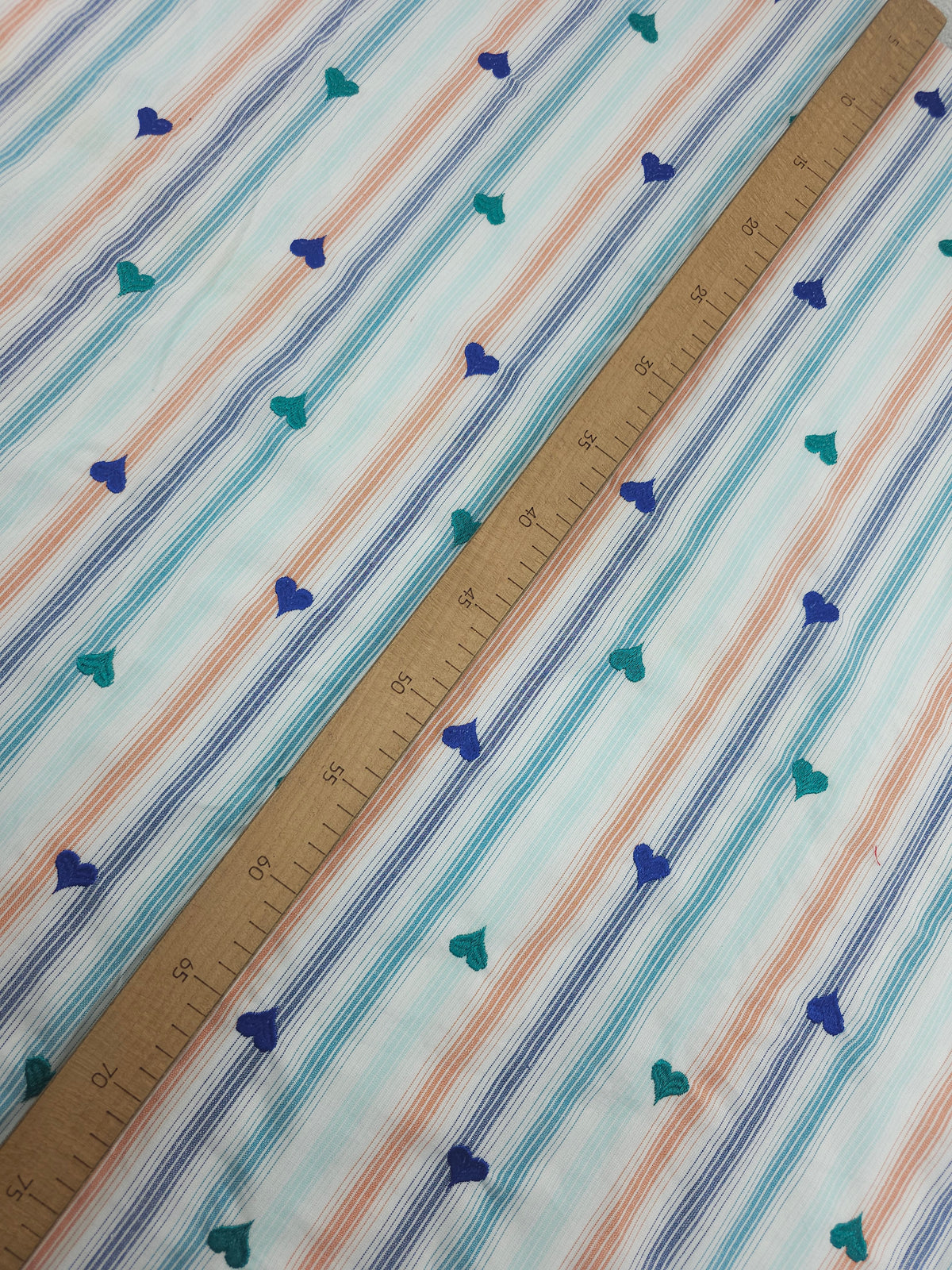 Blue/Teal Embroidered Heart Stripe Cotton