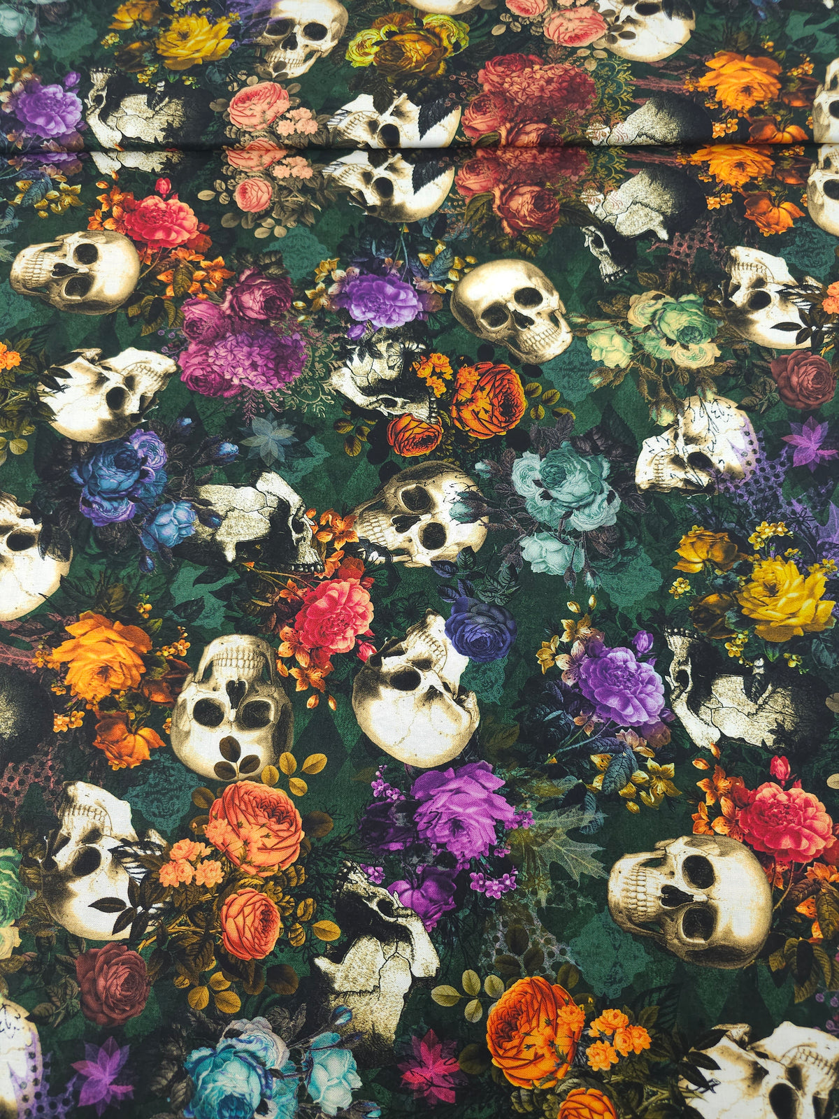 Green Vintage Floral Skull 100% Cotton - Robert Kaufman