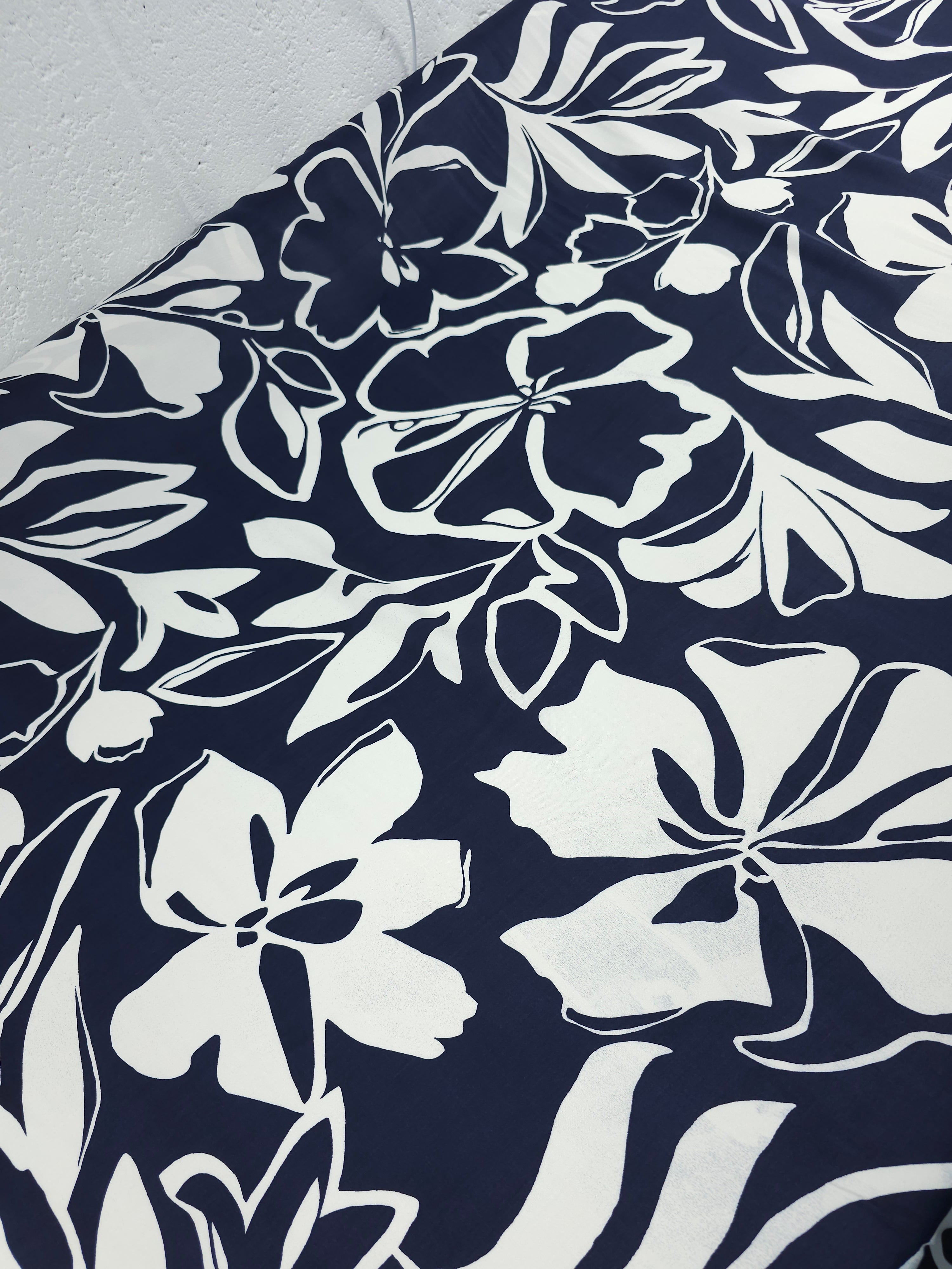 Navy/Off-White Sketch Floral Viscose Satin *DEFECT*
