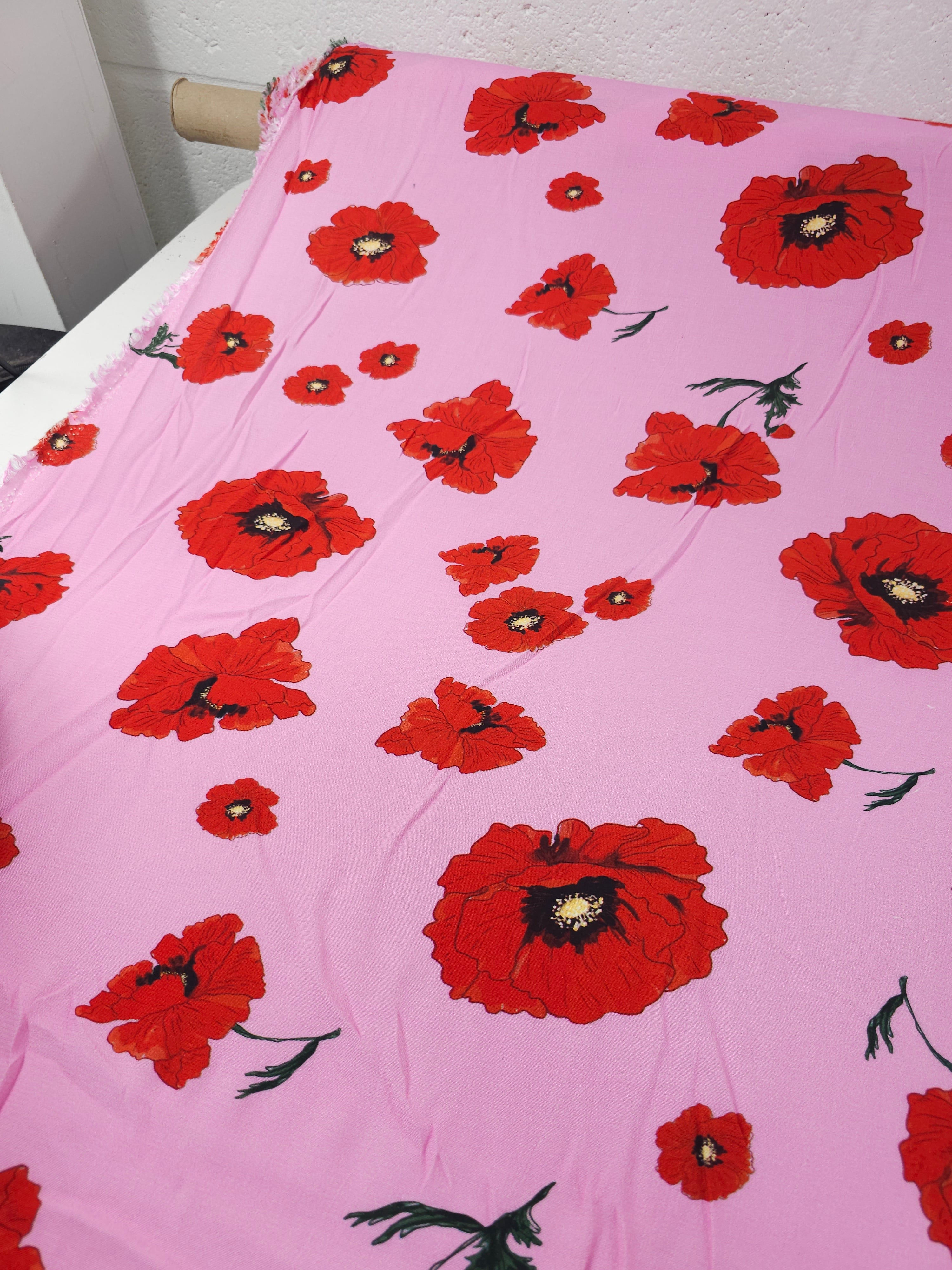 Pink/Red Poppy Floral Viscose Crepe *DEFECT*