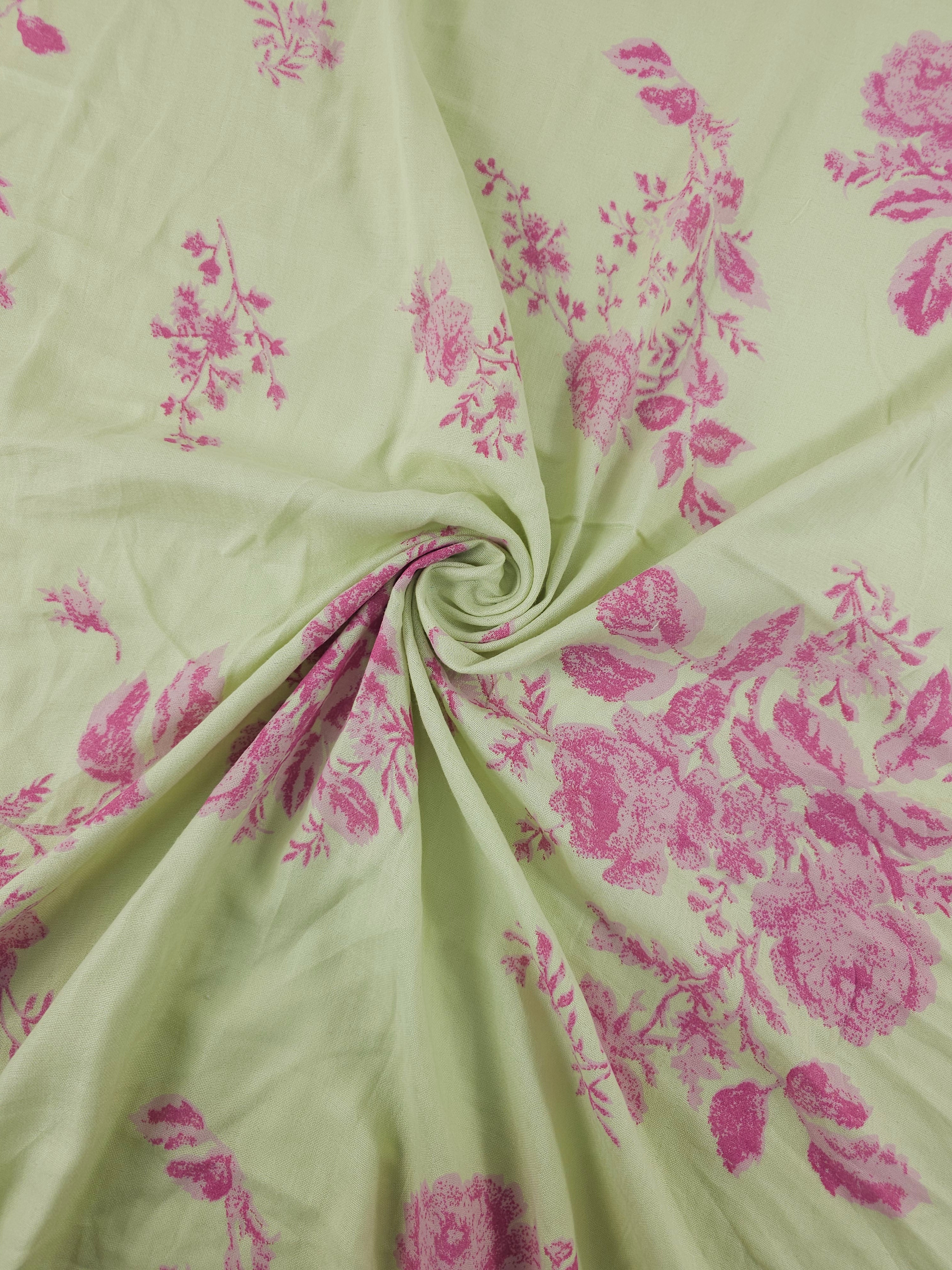 Pale Lime/Pink Rose Floral Double Gauze