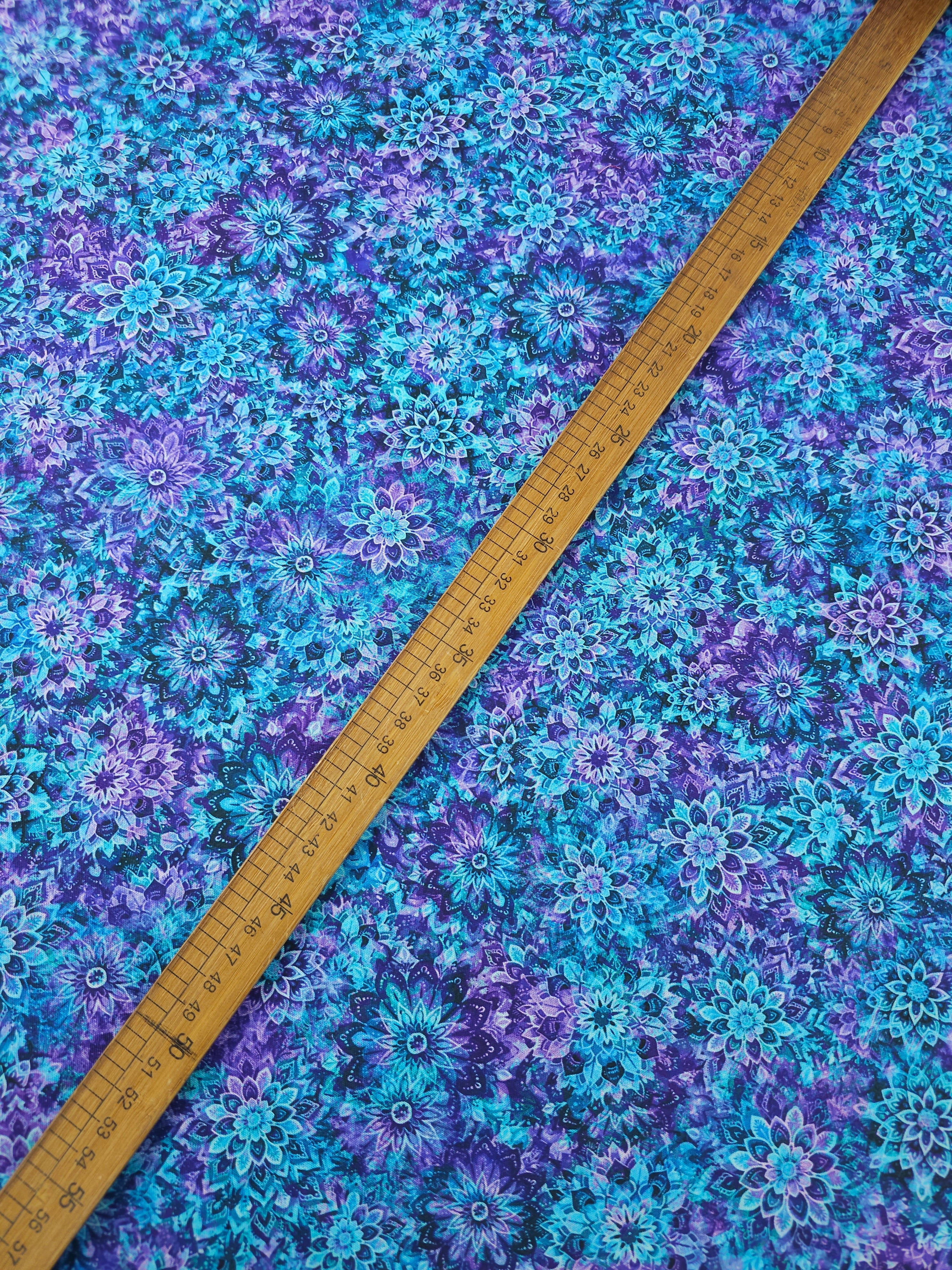 Purple/Turquoise Dancing Dahlias Kaleidoscope 100% Cotton