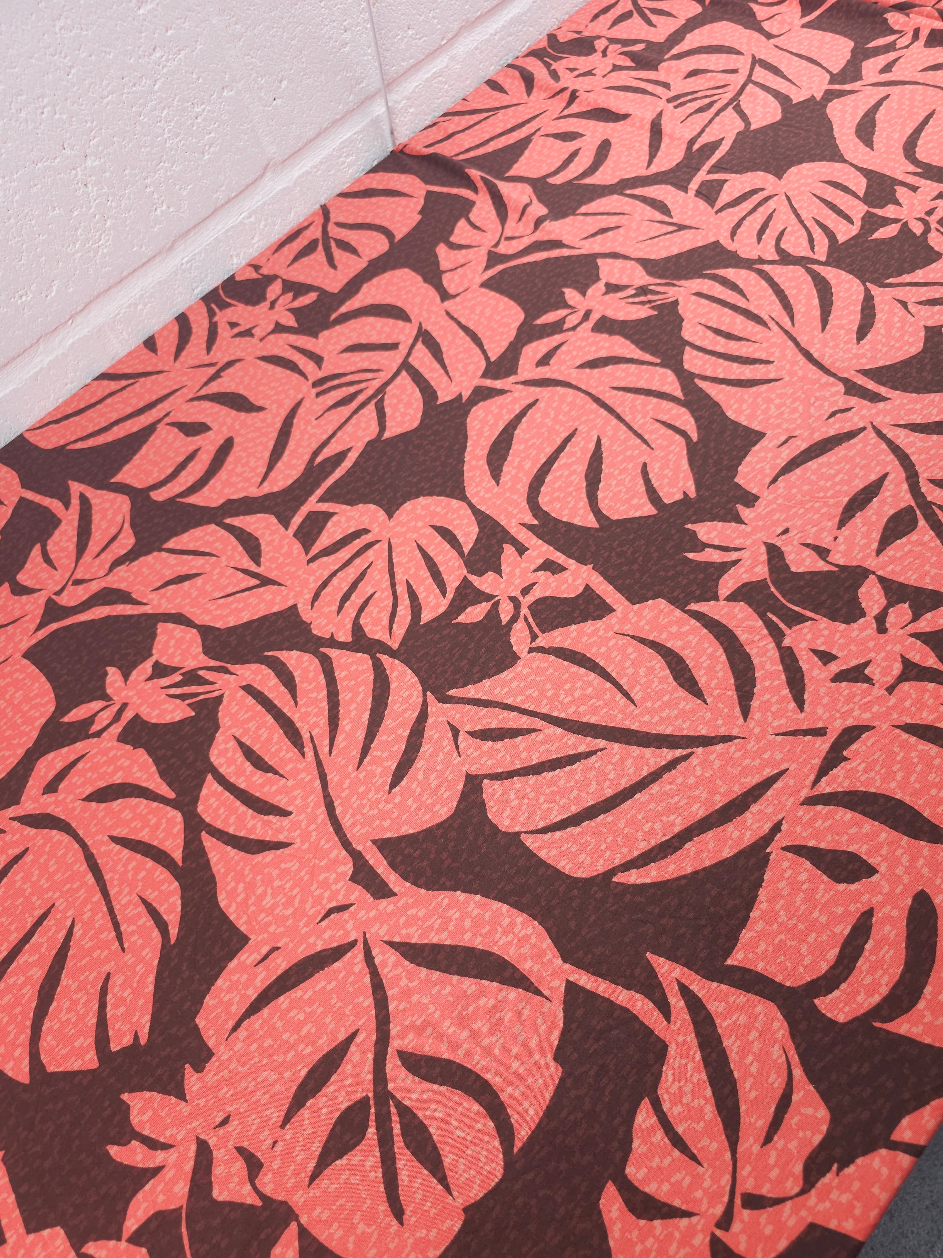 Coral/Brown Static Palm Leaf Viscose Jersey