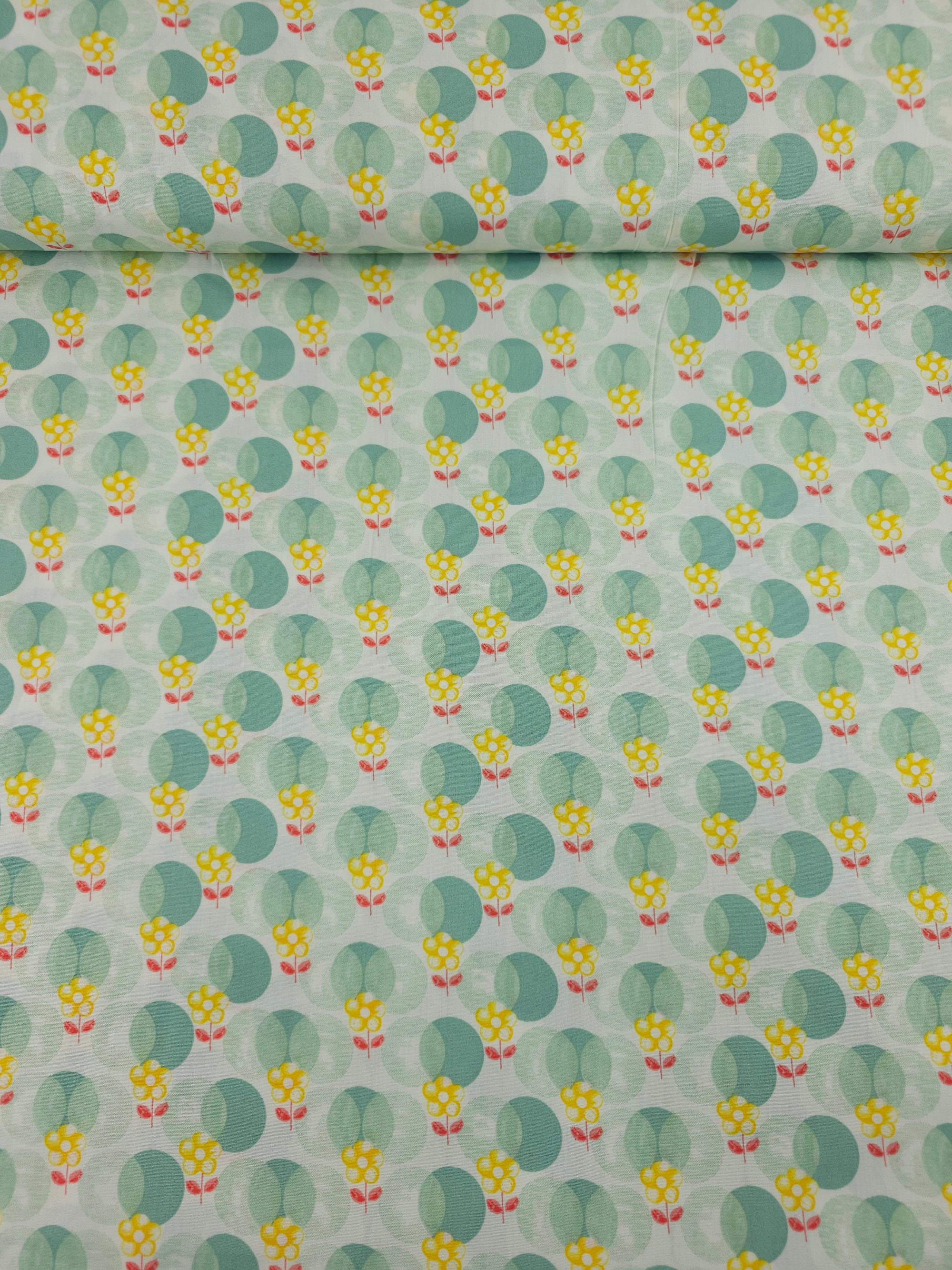Sage/Yellow Polka Spot Daisy 100% Cotton 60"