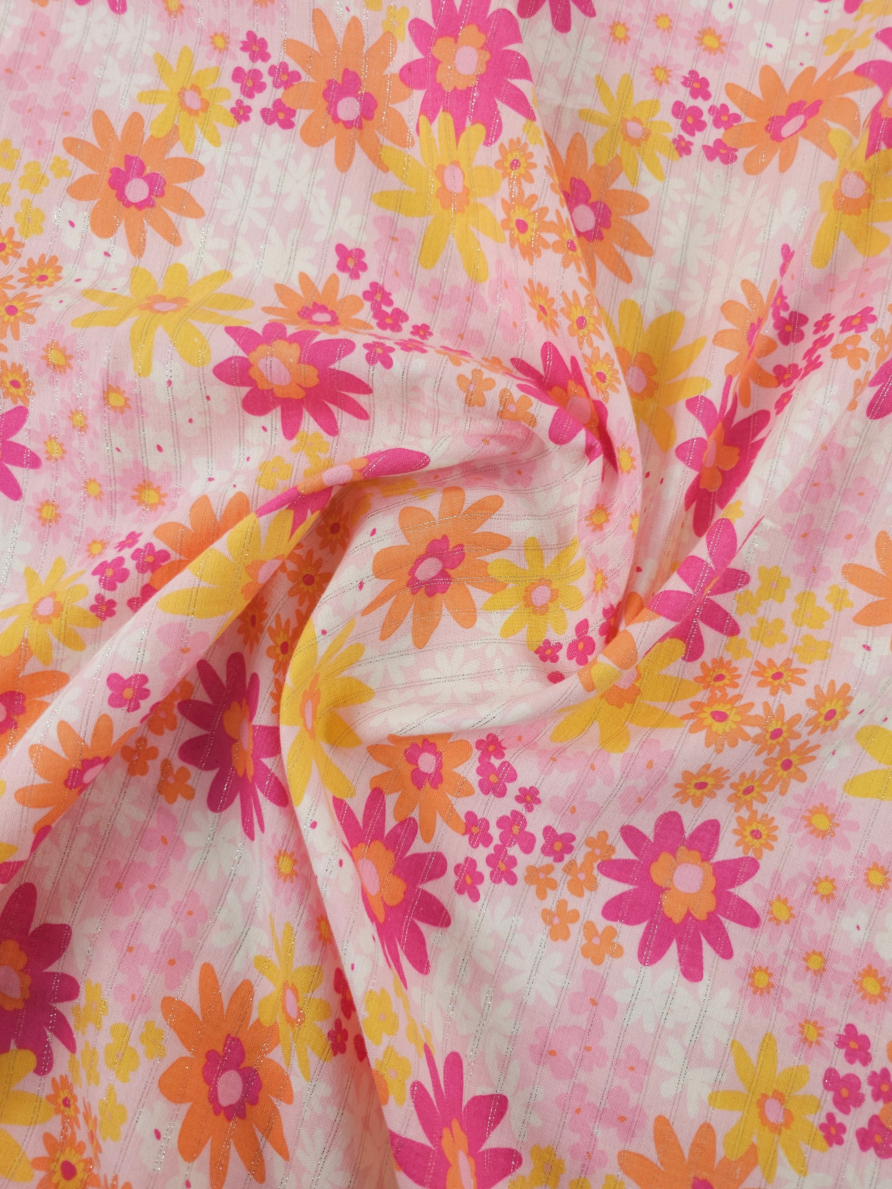 Orange/Pink Floral Silver Lurex Double Gauze