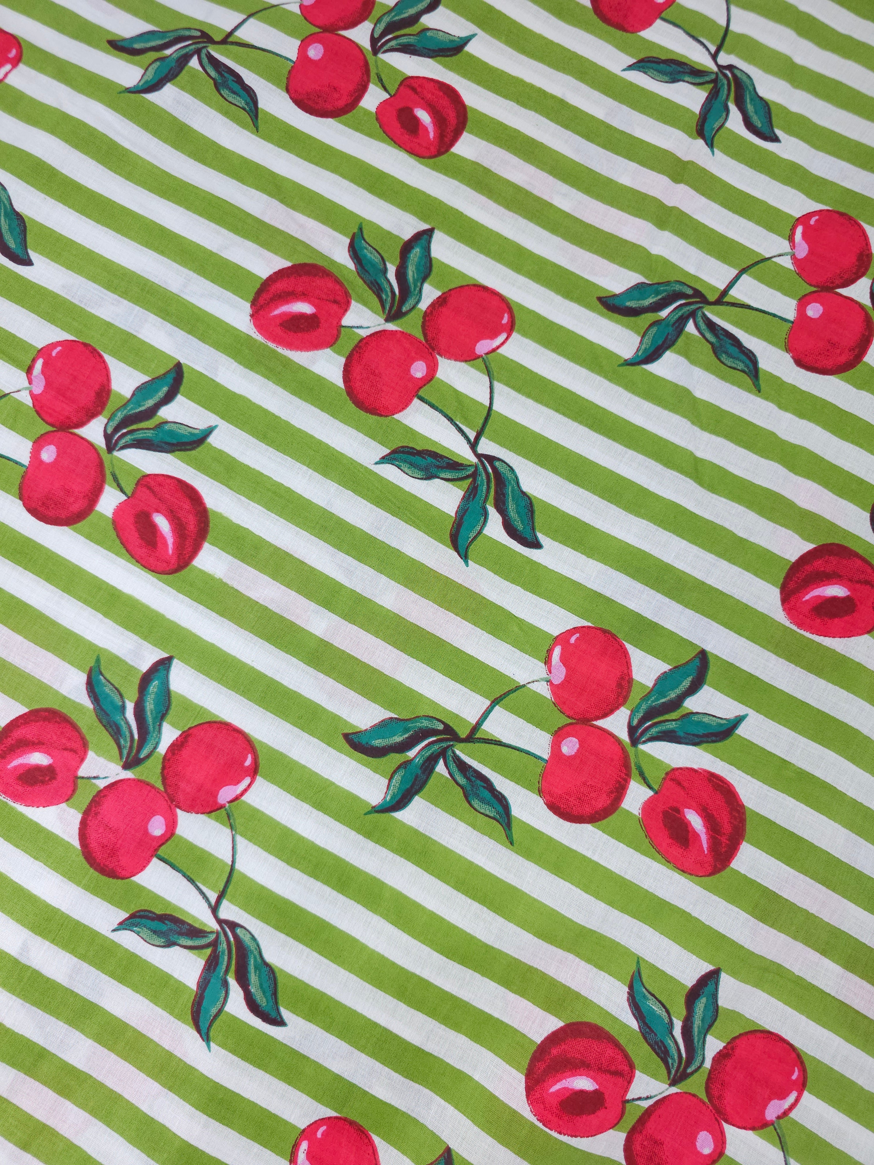 Muted Green Cherry Stripe Lightweight Cambric Cotton