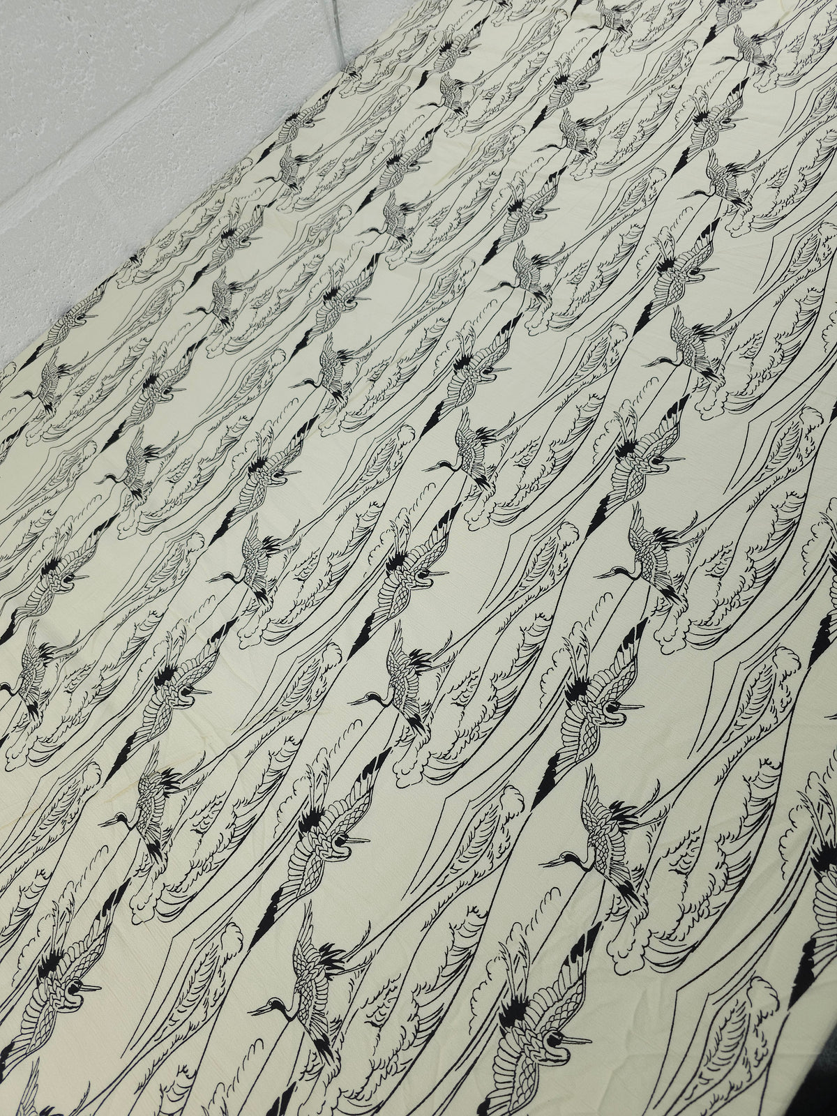 Creamy Ivory/Black Japanese Crane Crinkle Viscose
