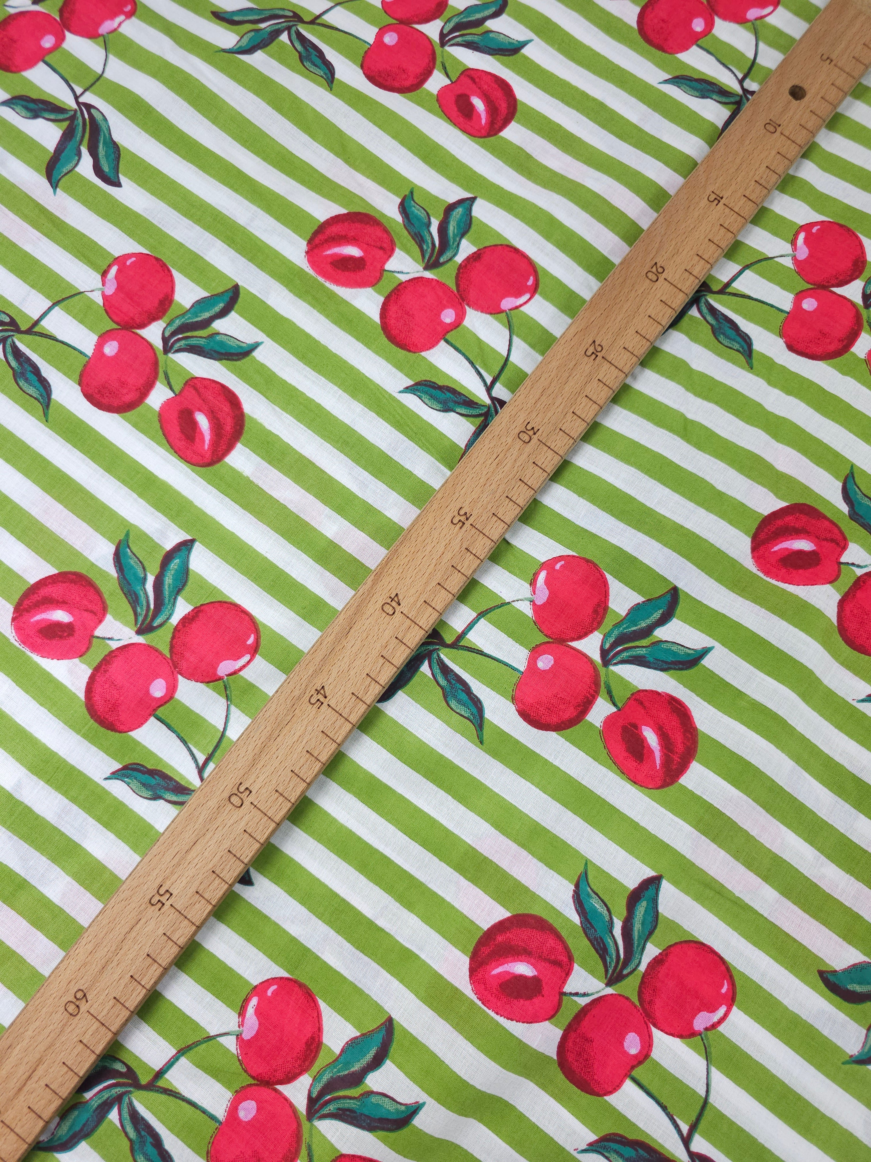 Muted Green Cherry Stripe Lightweight Cambric Cotton