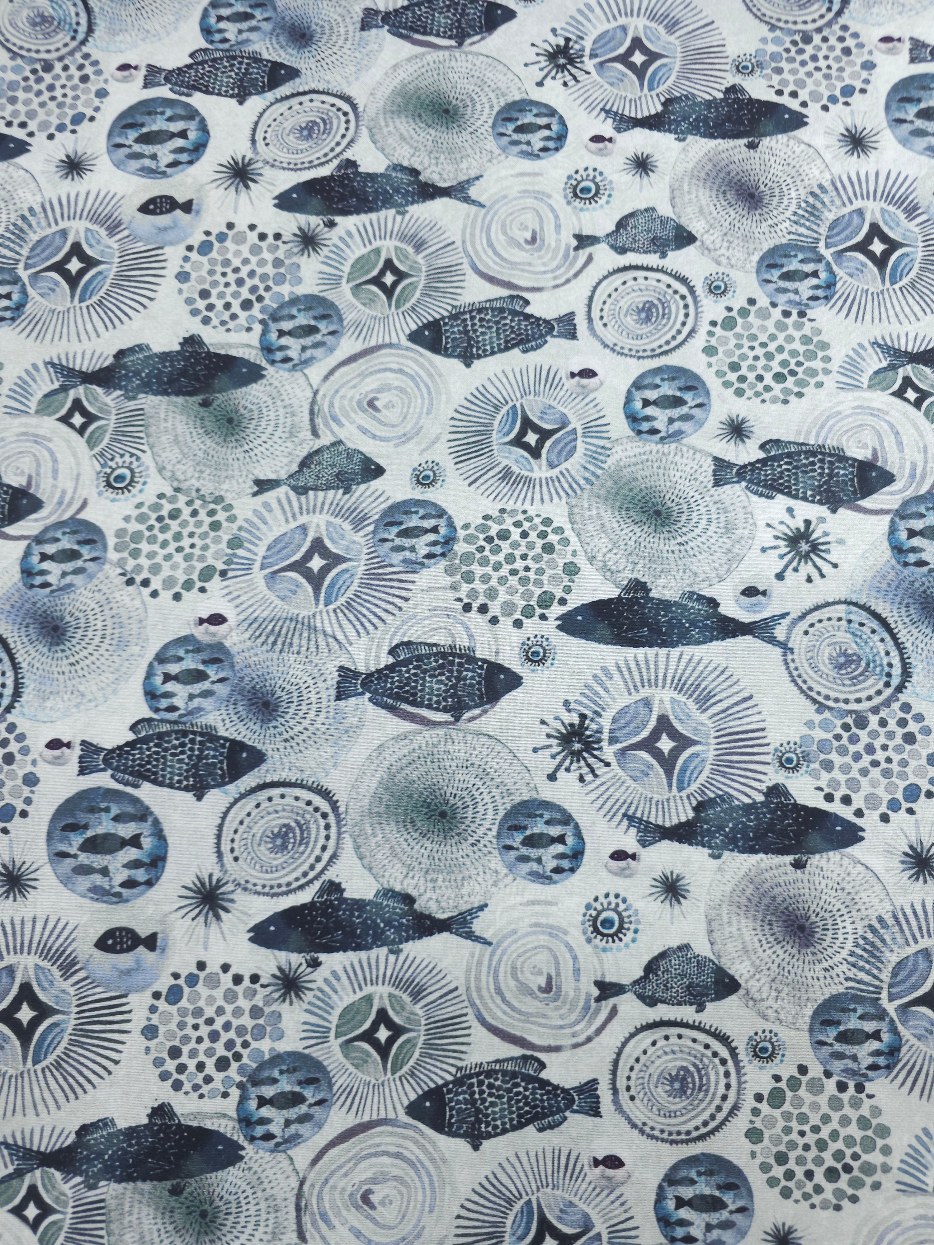 Bluey Grey Abstract Fish Spirals 100% Cotton
