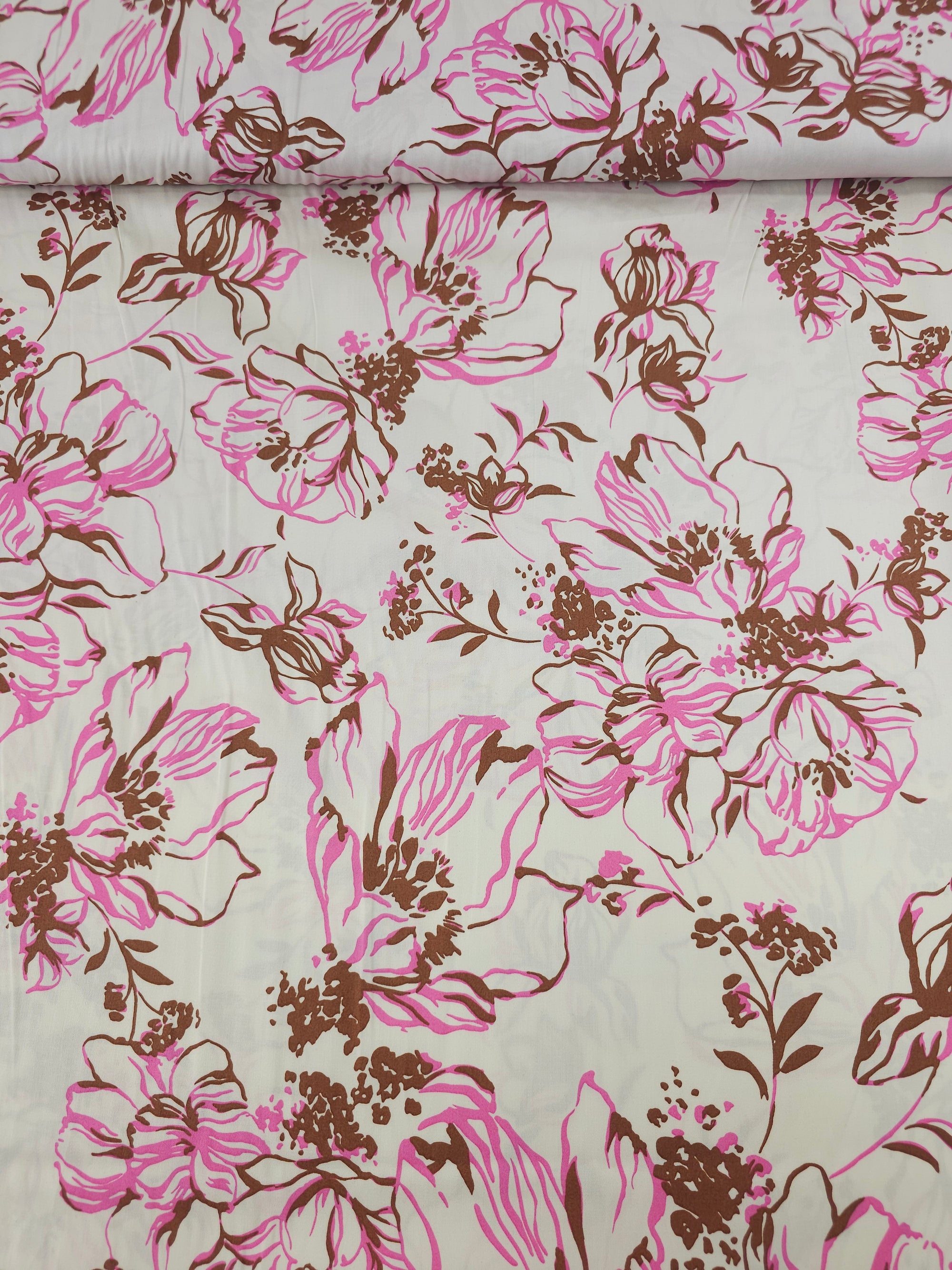 Fuchsia Pink/Brown Sketch Floral Cotton Satin 57"