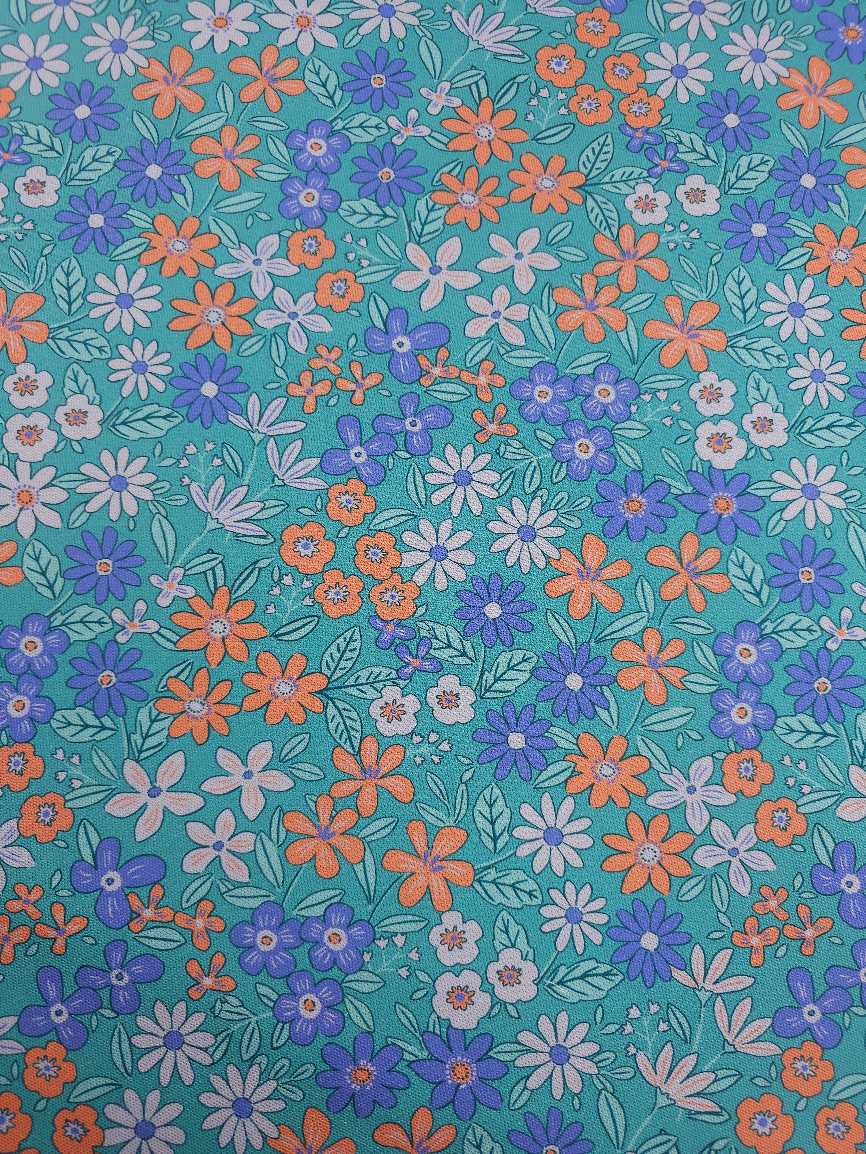 Teal Doodle Flower Bloom Canvas Cotton