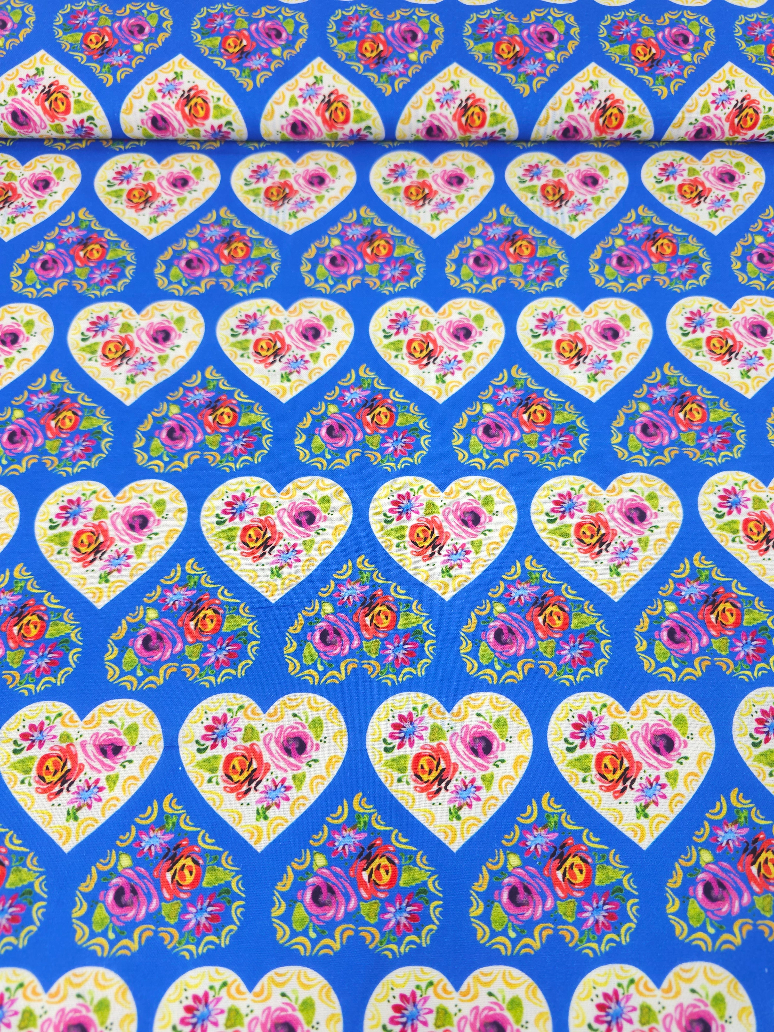 Blue Bohemian Floral Hearts 100% Cotton