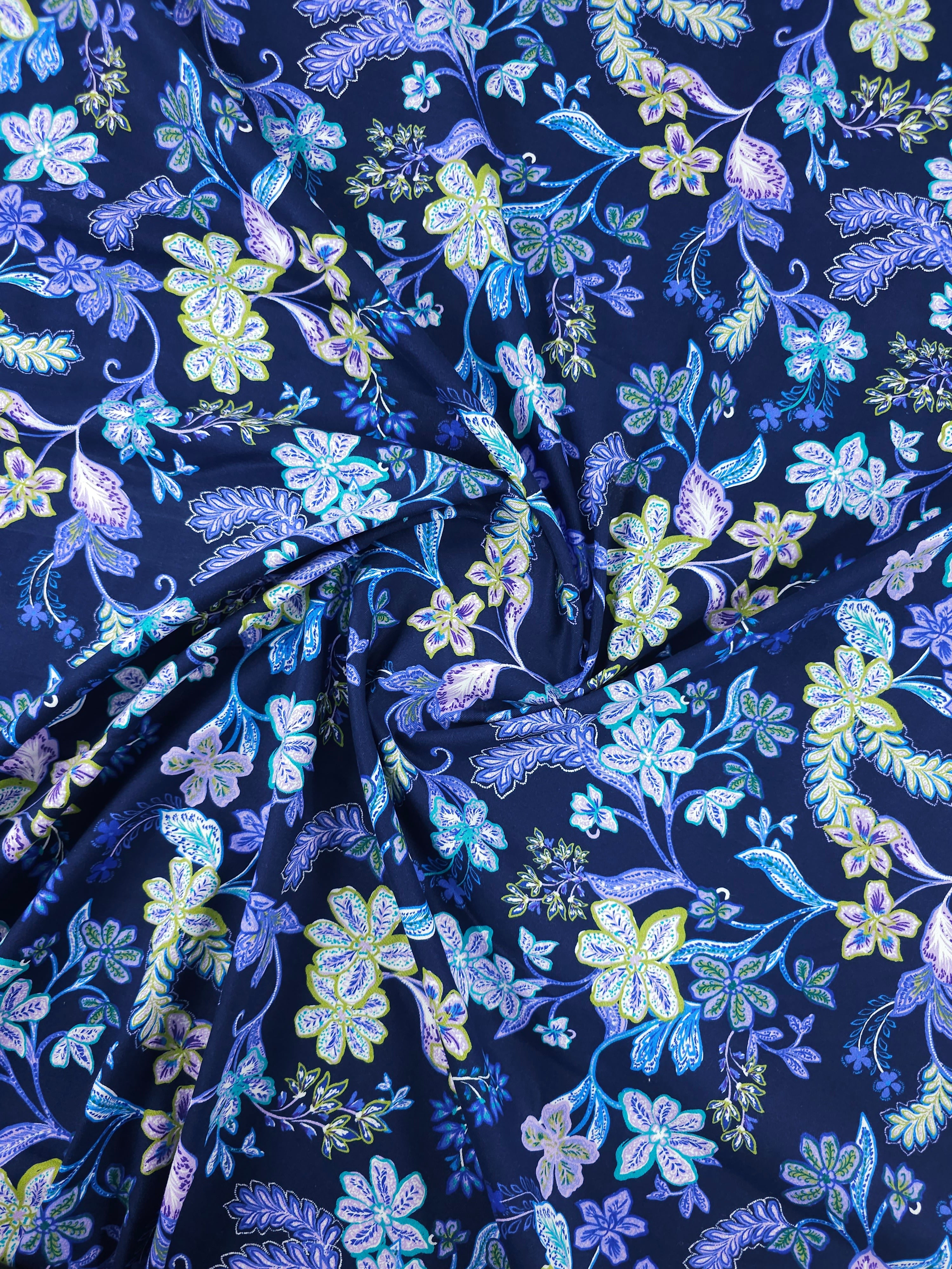Indigo/Lime Floral Fantasy Lightweight Cotton Sateen Twill