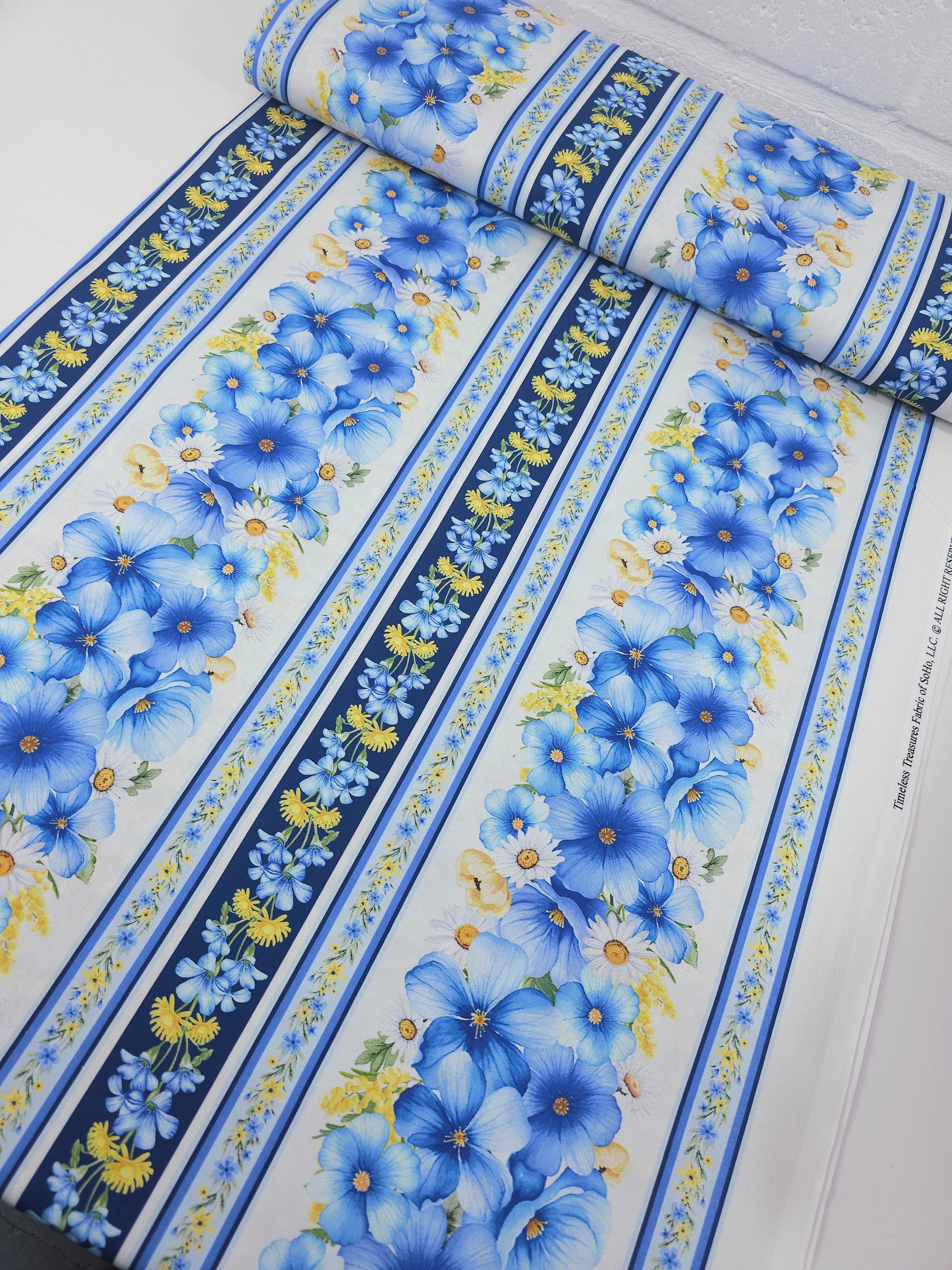Blue/Yellow Stripe Fleur 100% Cotton
