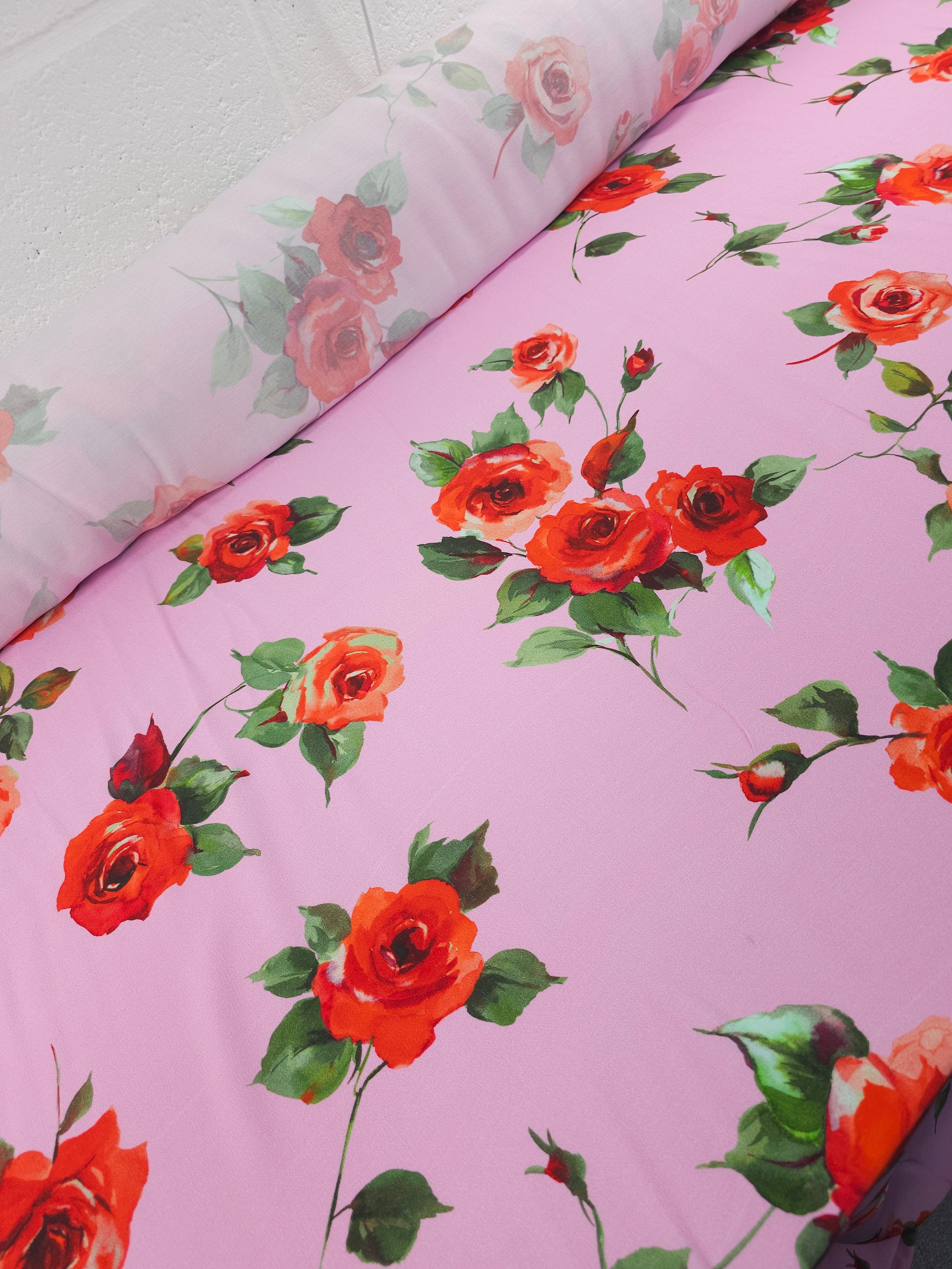 Pink/Red Rose Bunch Viscose Crepe