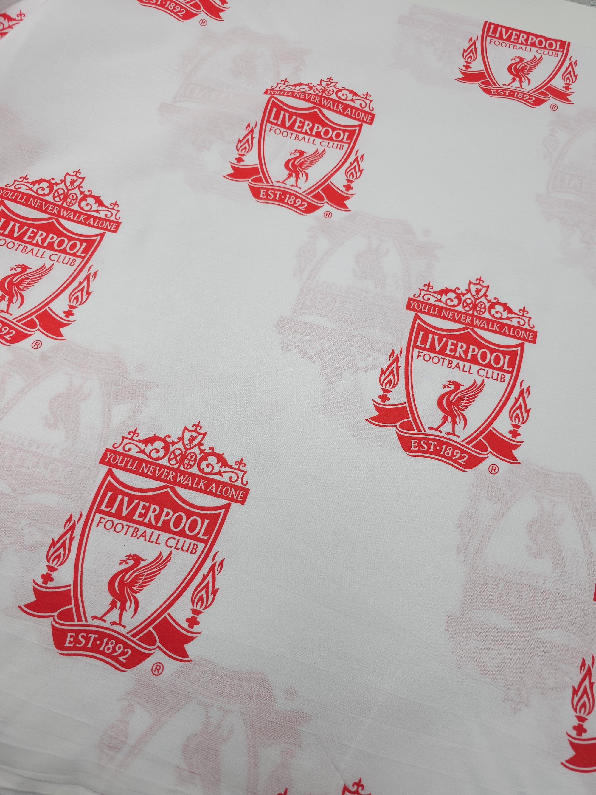 White/Red Liverpool FC Emblem 100% Cotton Football Fabric 106" *EXTRA WIDE*