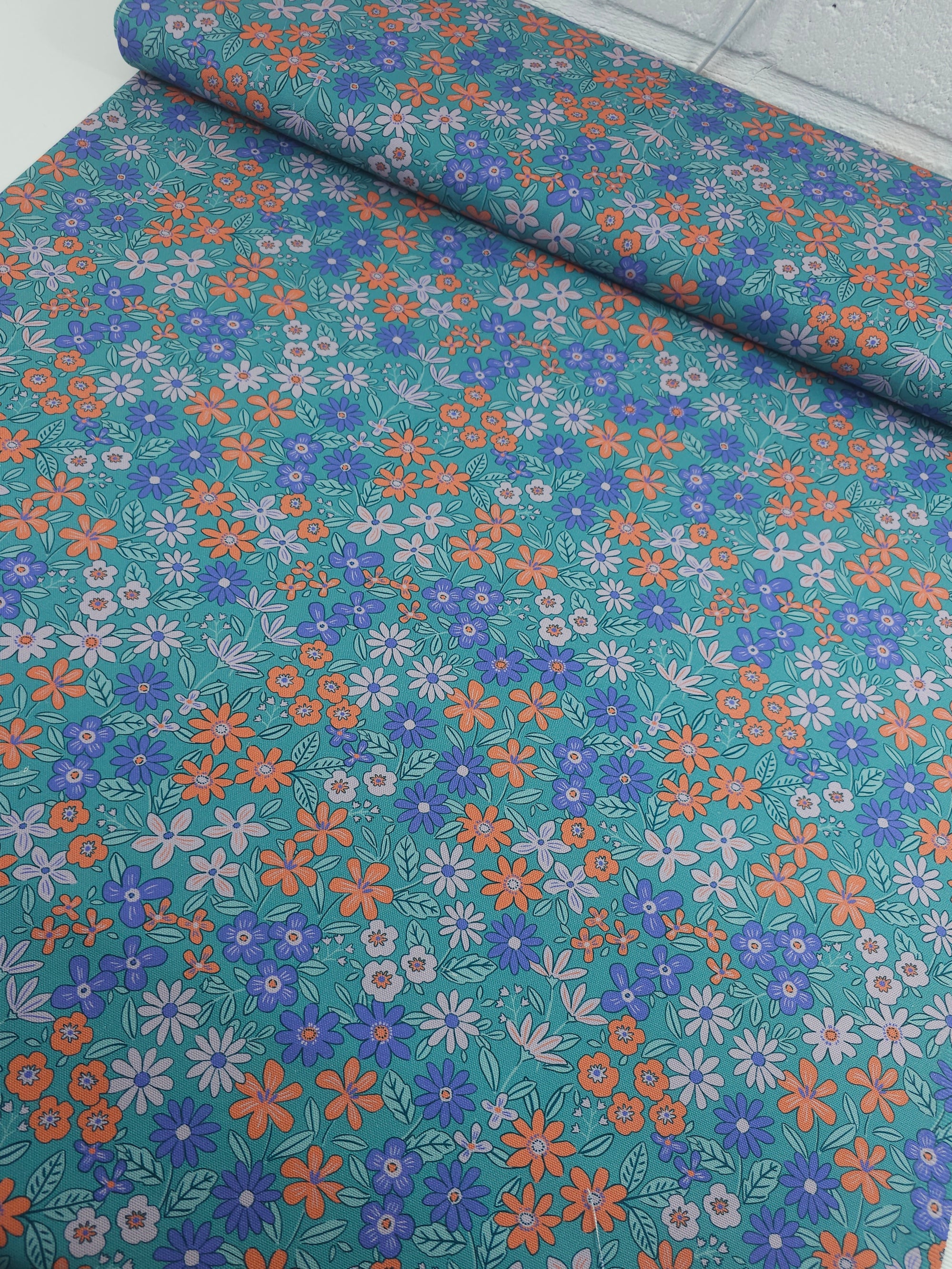 Teal Doodle Flower Bloom Canvas Cotton
