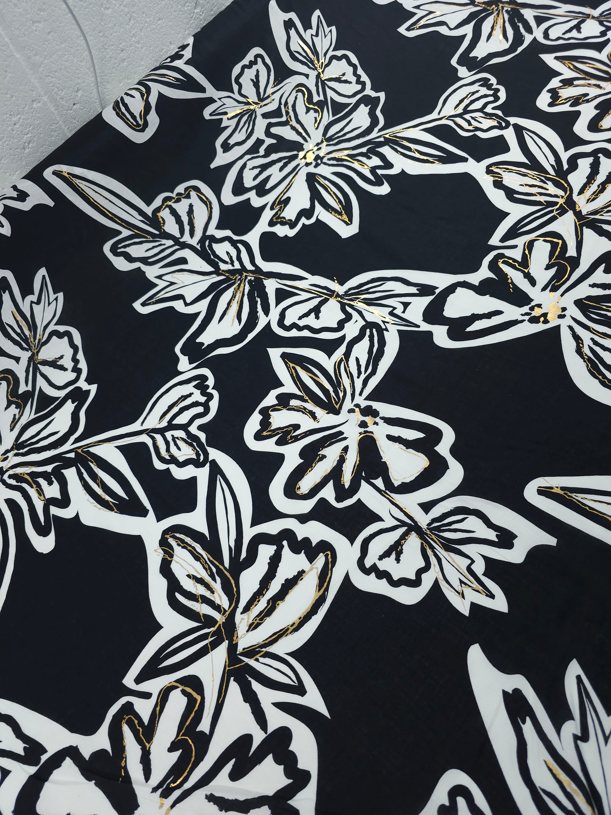Black/Gold Foil Large Floral Cotton Voile