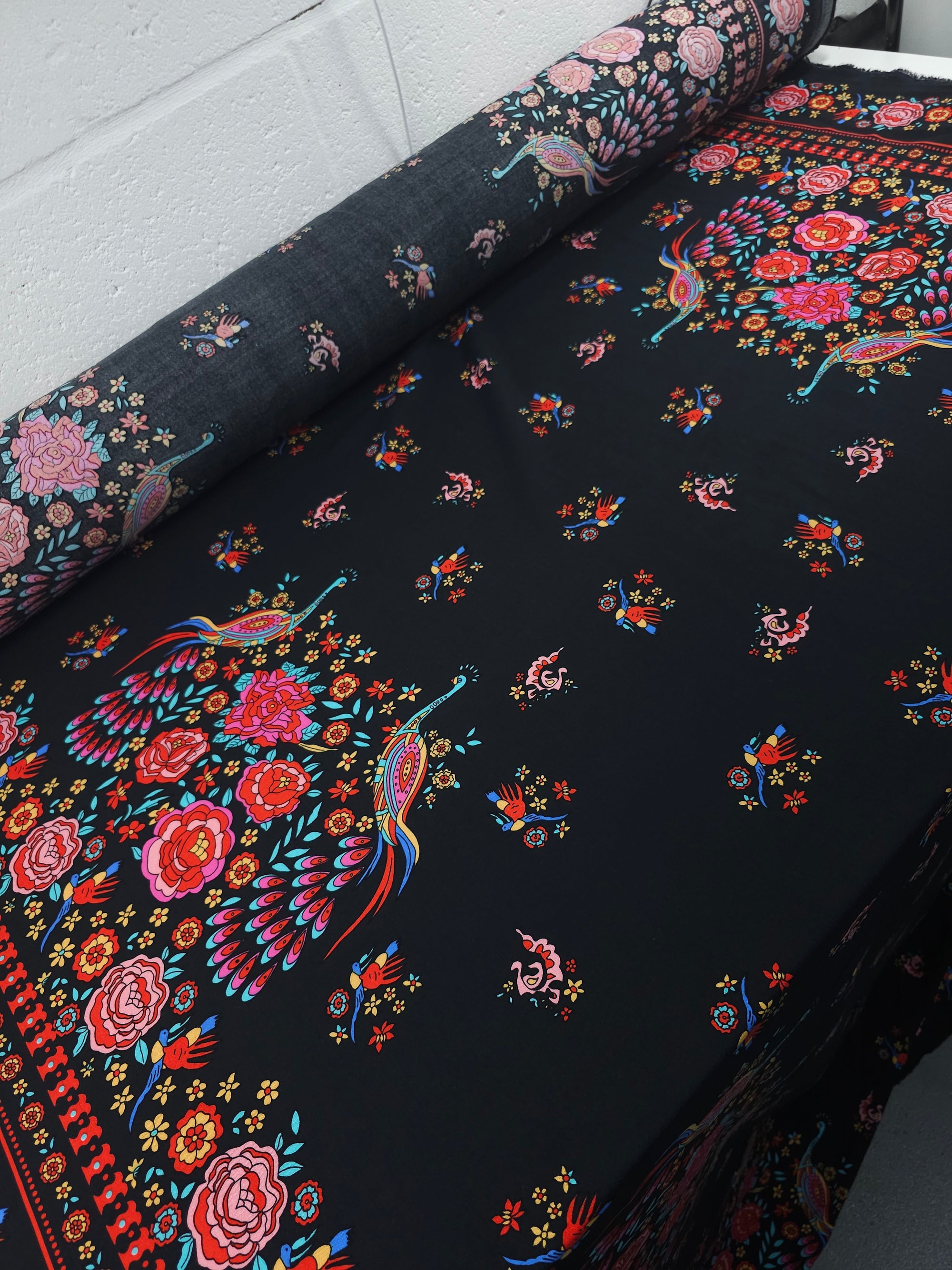 Peacock Border Floral Viscose Challis