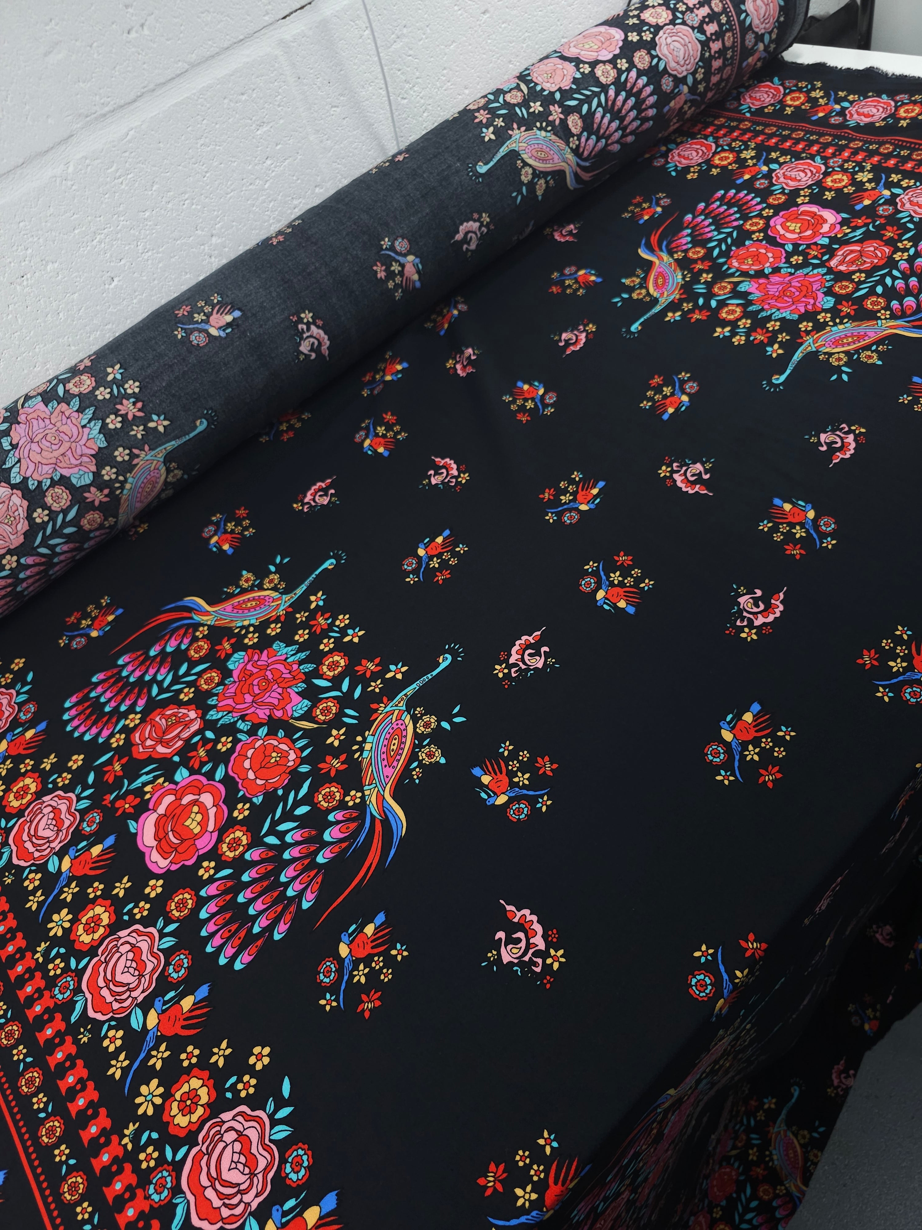 Peacock Border Floral Viscose Challis