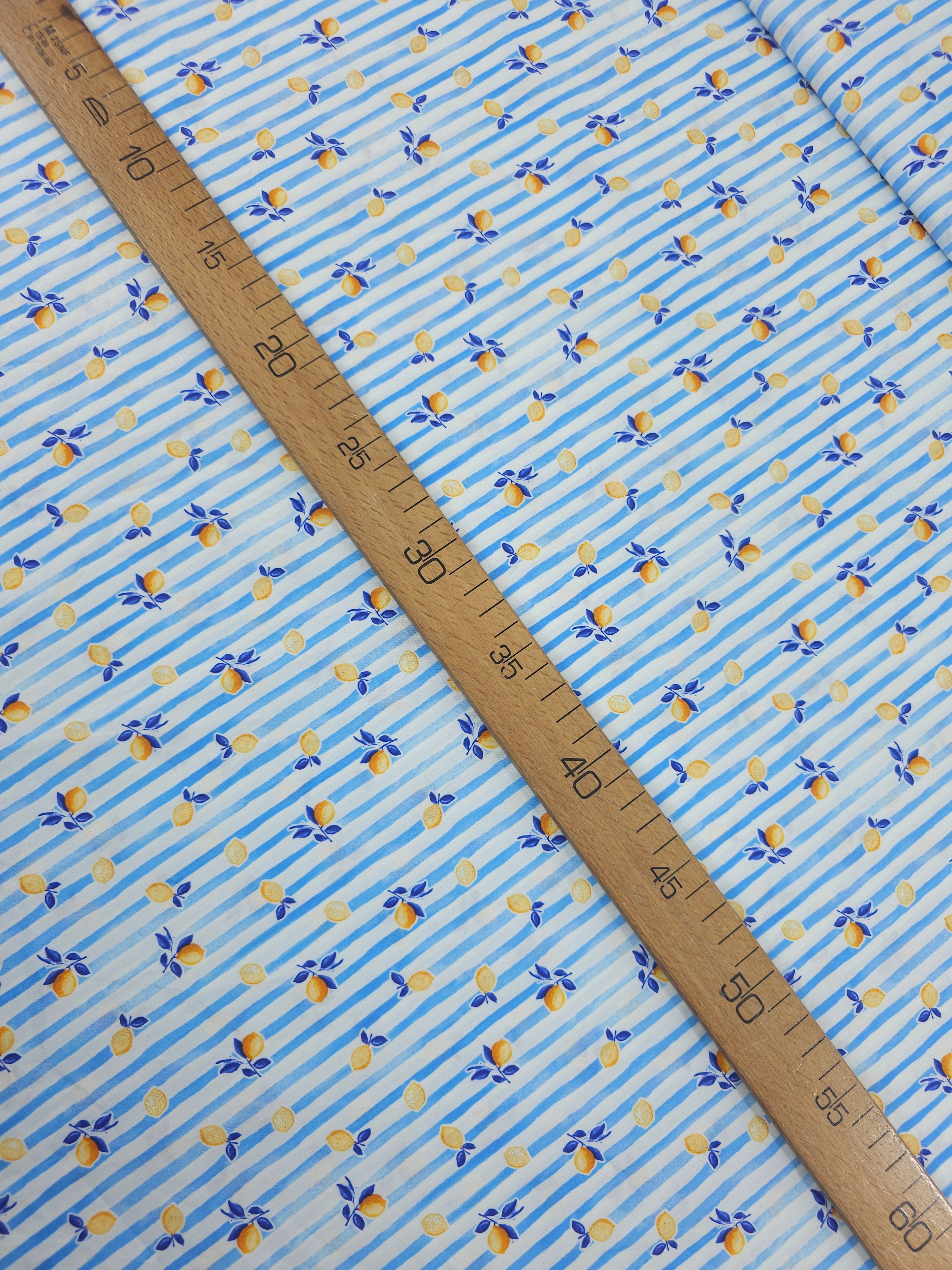 Blue Mini Ditsy Lemon Stripe Lightweight Cotton 60"