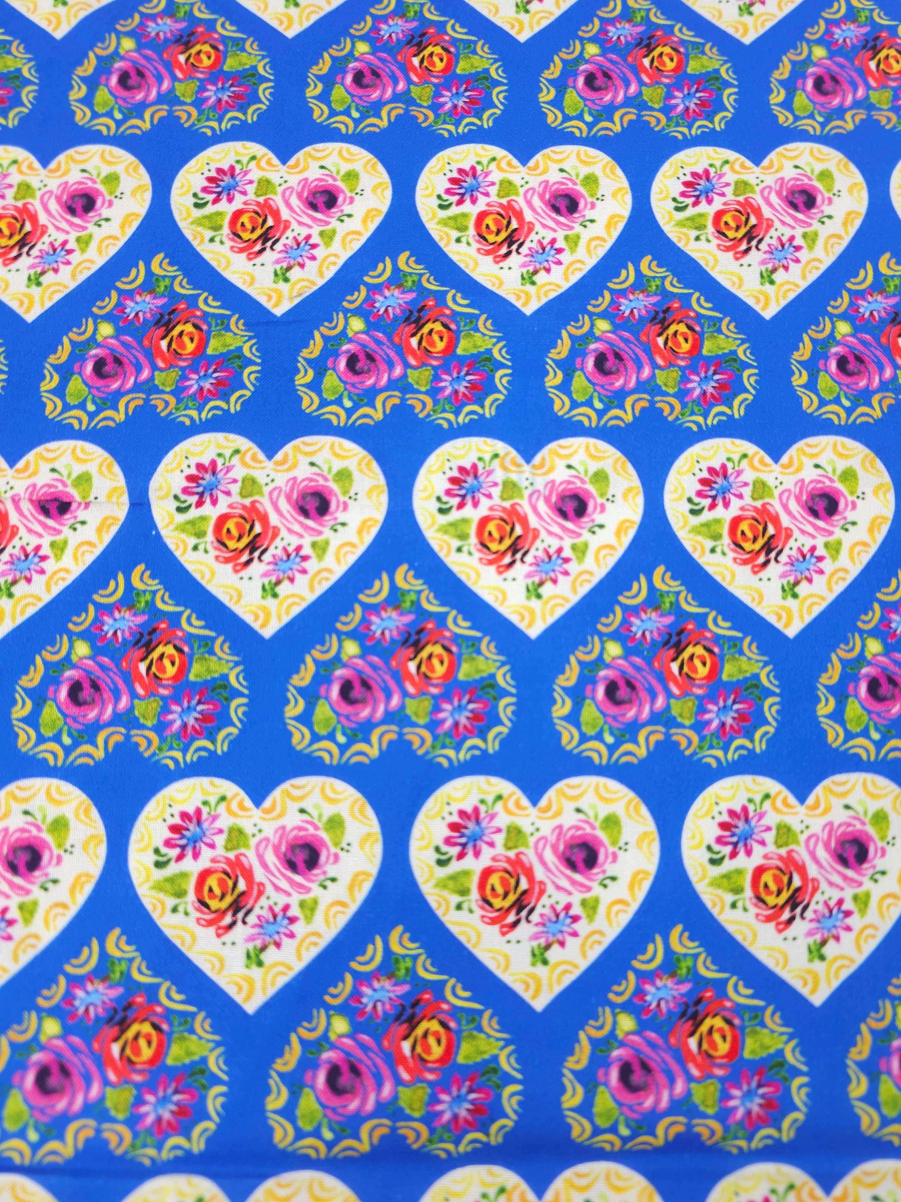 Blue Bohemian Floral Hearts 100% Cotton