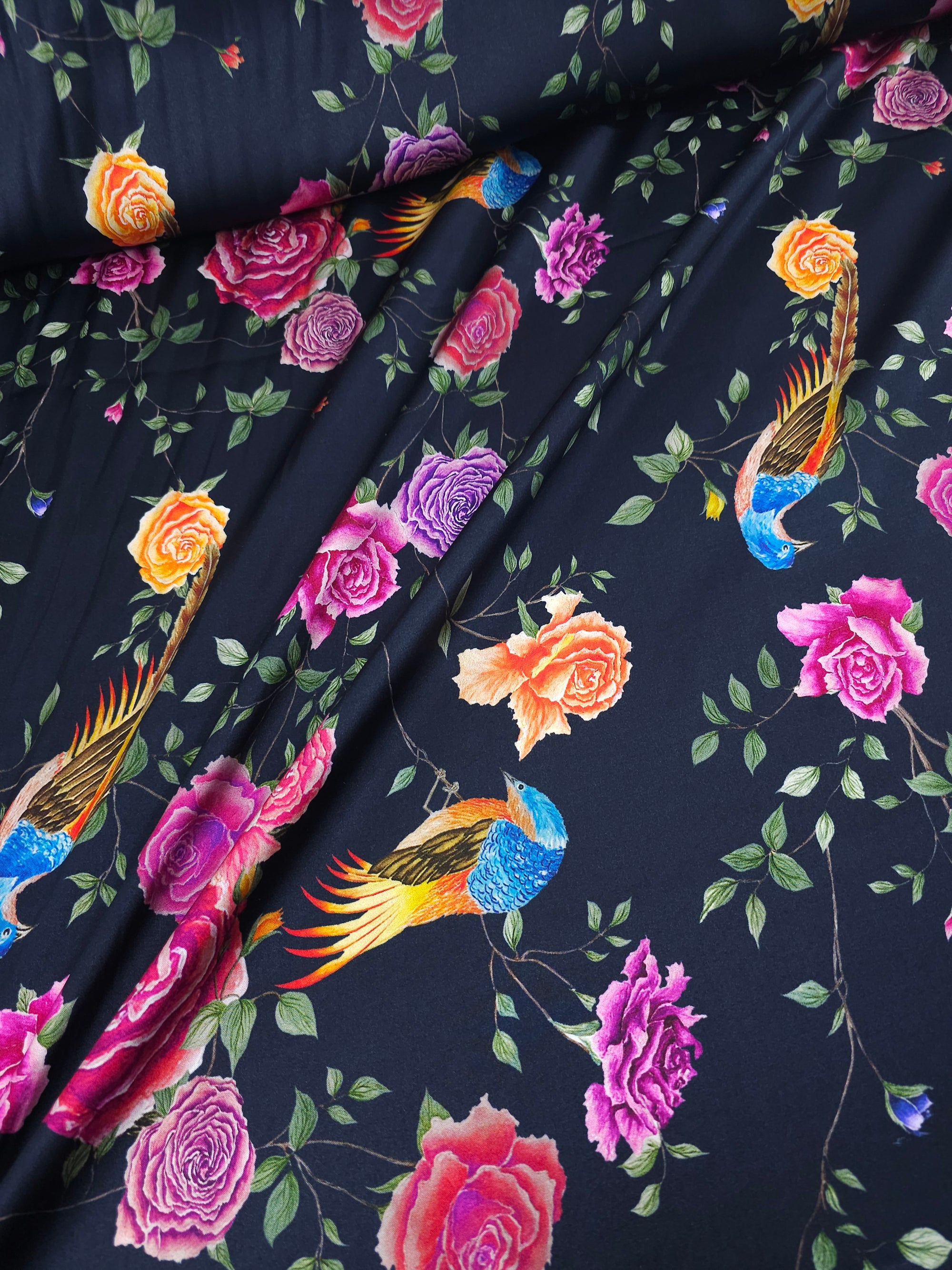 Navy Rose Bird Floral Viscose Satin Stretch