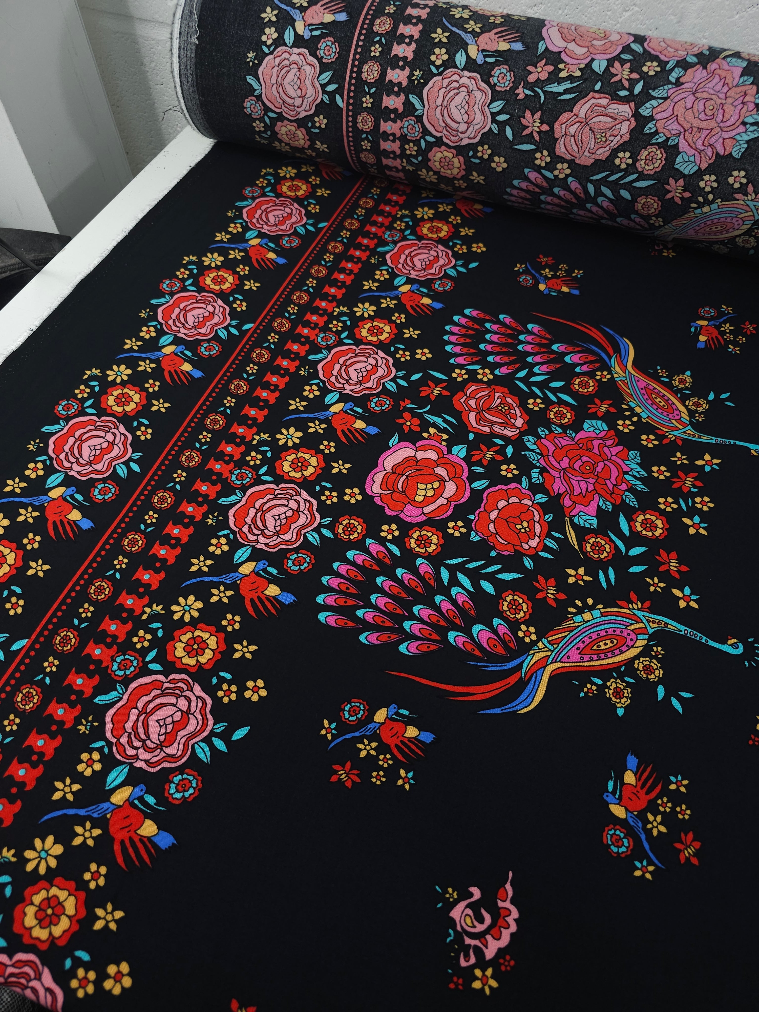 Peacock Border Floral Viscose Challis